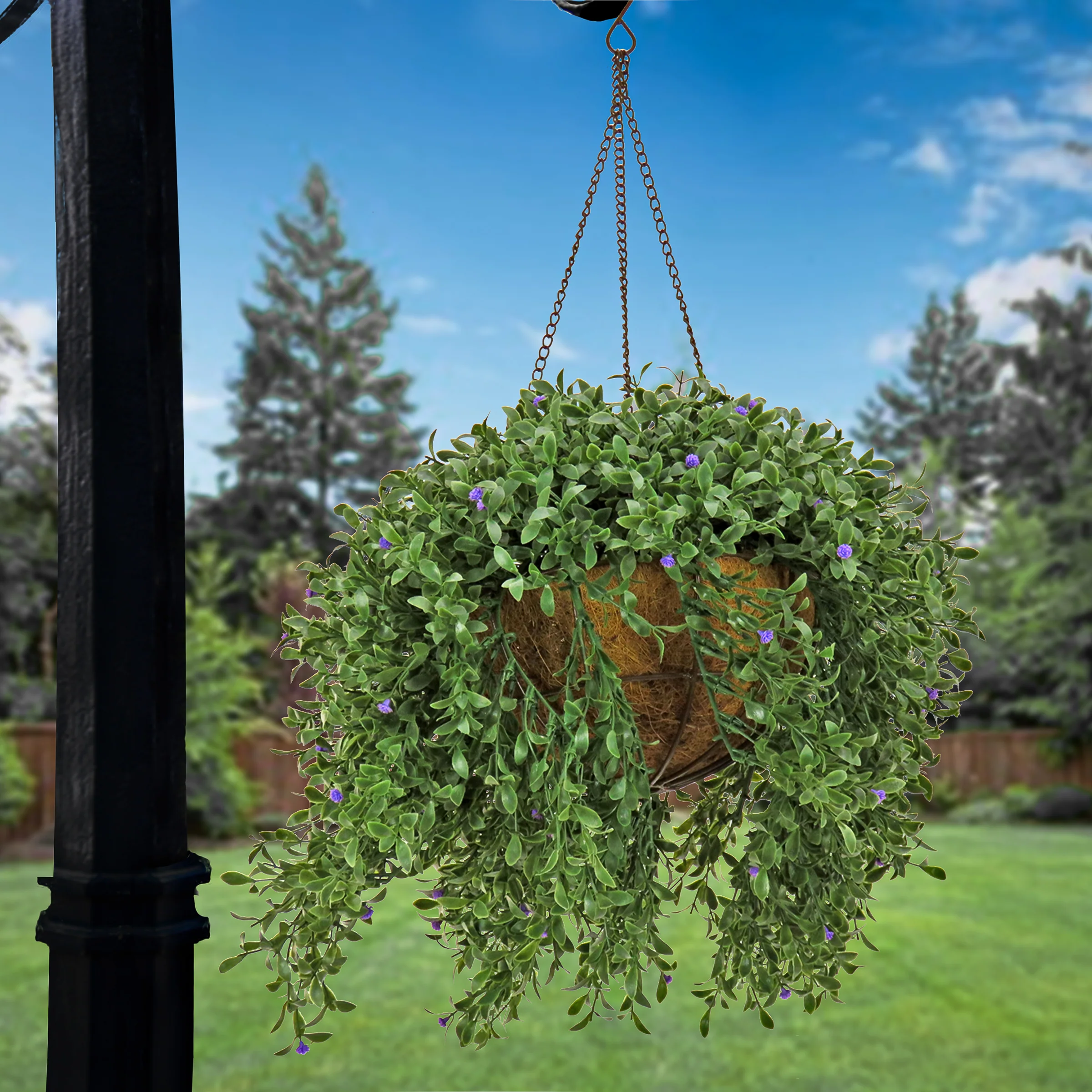 18 in. Spring Argentea Hanging Plant with Purple Flowers - Image 2
