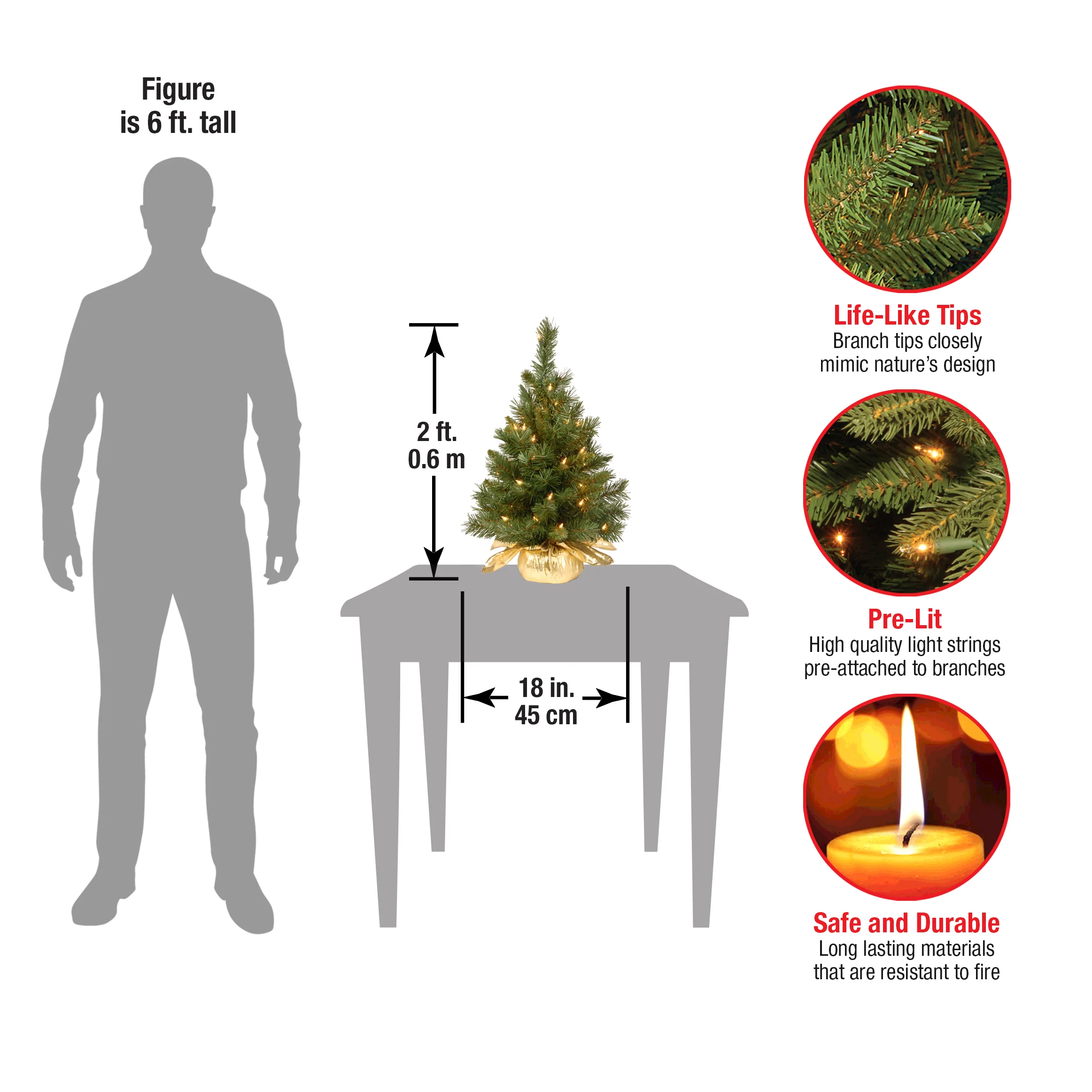 2 ft. Pre-Lit Majestic Fir Tree with Clear Lights, Gold Base, Plug-In - Image 6