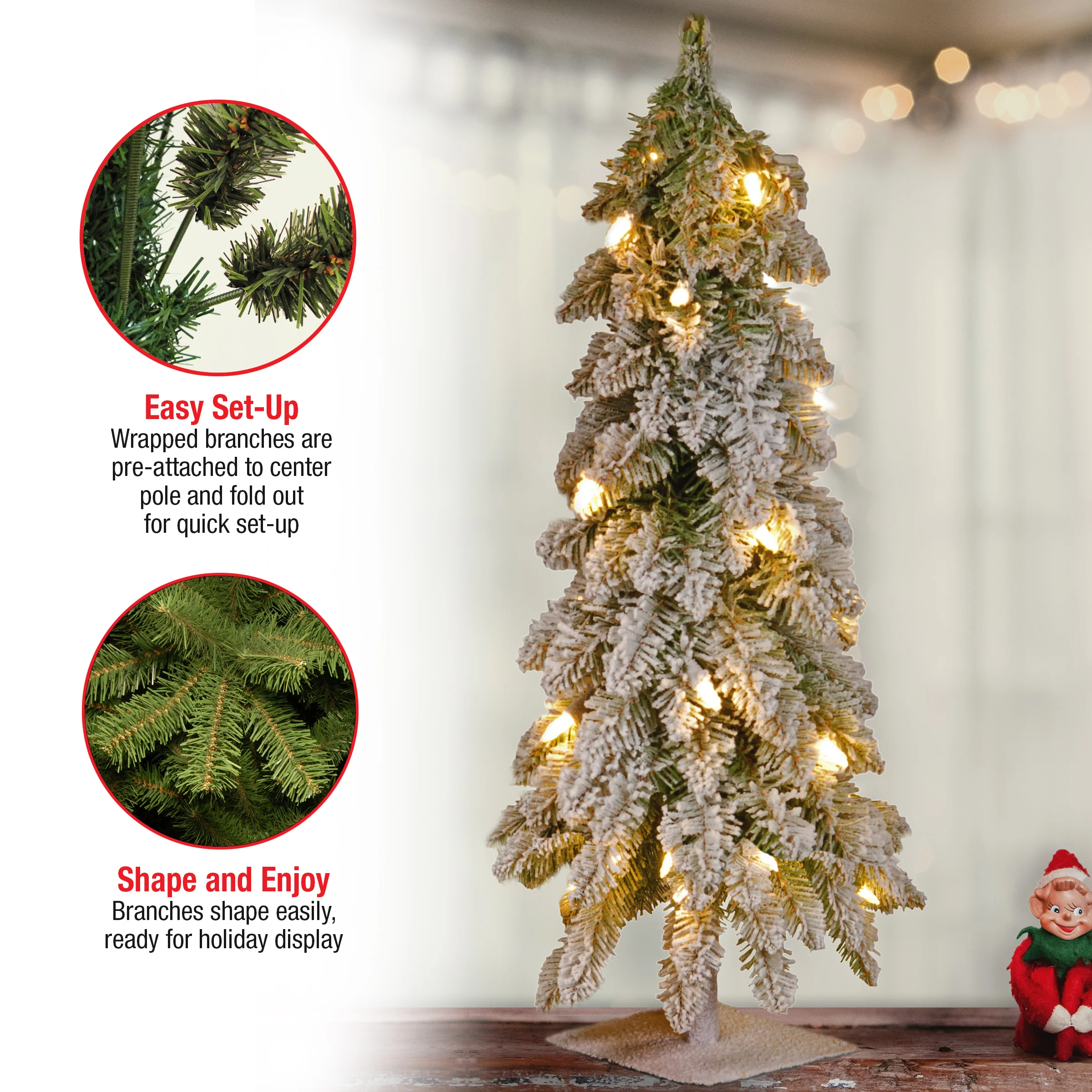 2 ft. Pre-Lit Snowy Downswept Forest Tree with Clear Lights, Plug-In - Image 11