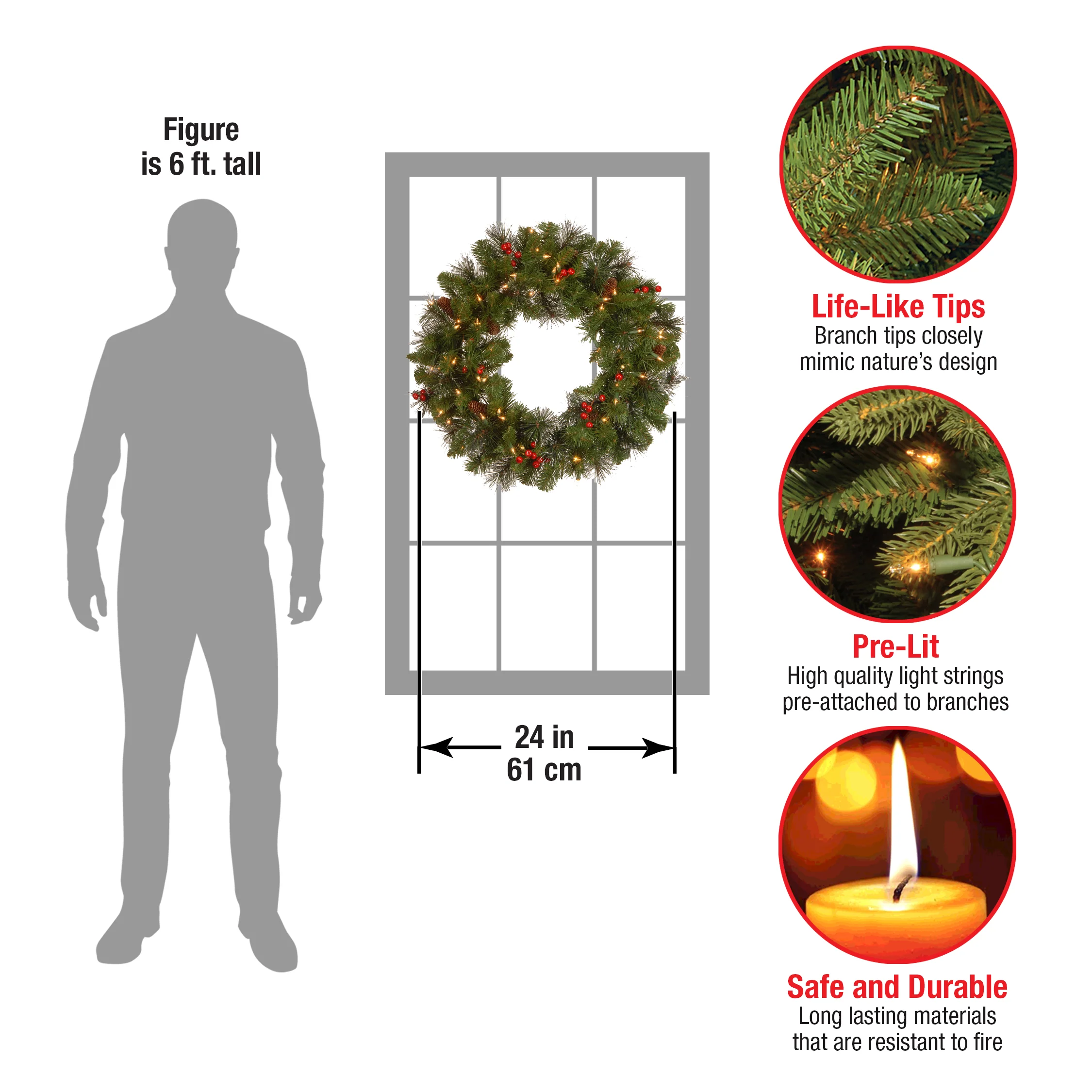 24 in. Pre-Lit Crestwood Spruce Wreath with Clear Lights, Plug-In - Image 3