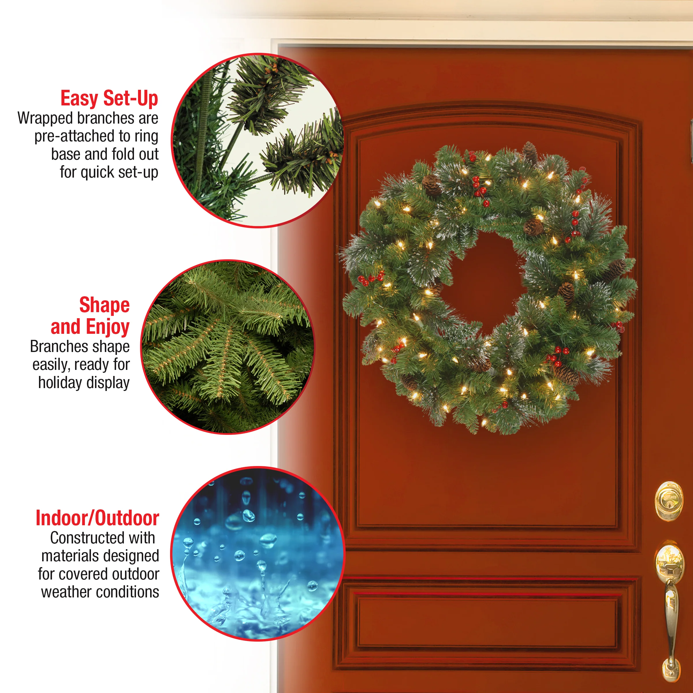 24 in. Pre-Lit Crestwood Spruce Wreath with Clear Lights, Plug-In - Image 4
