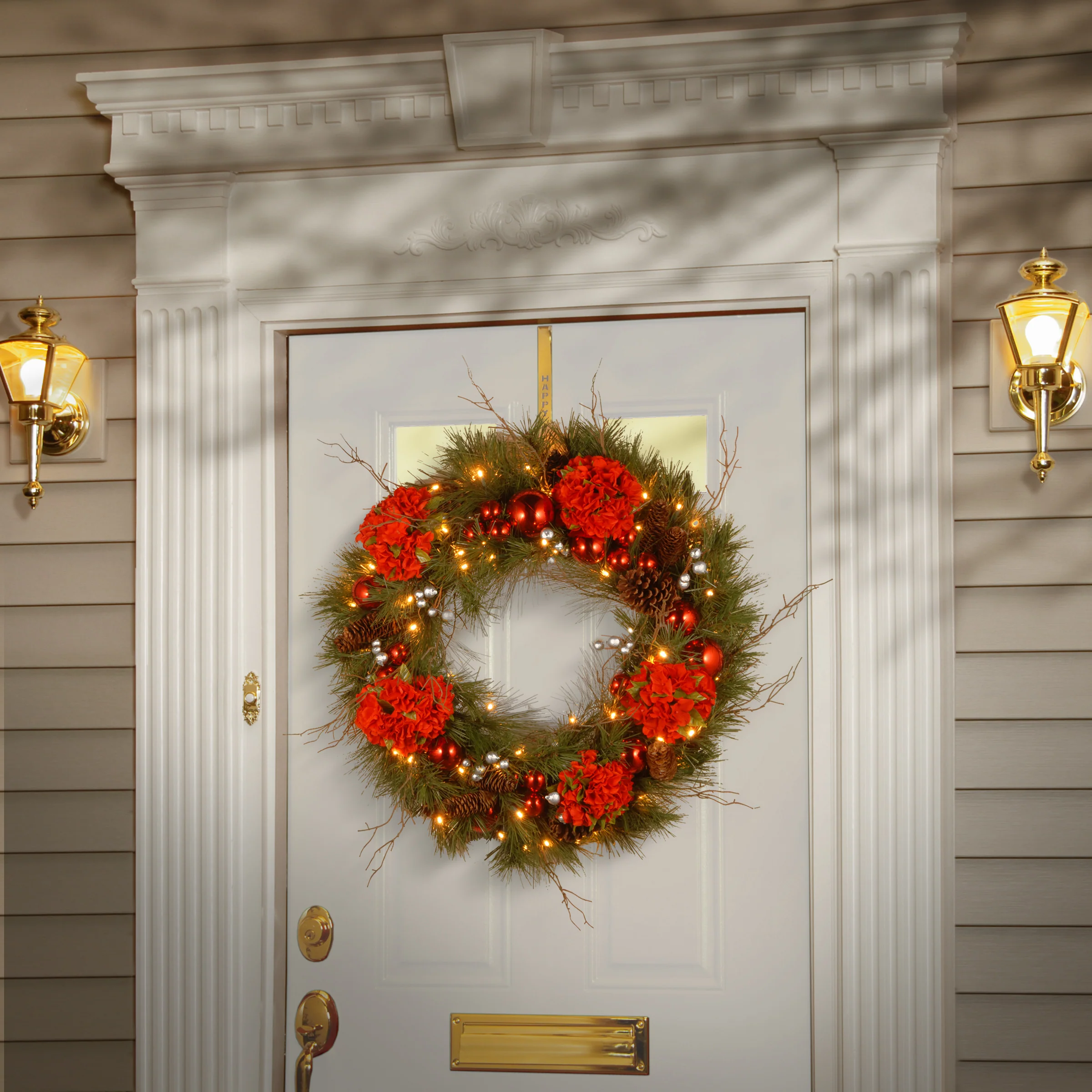 24 in. Pre-Lit Hydrangea Pine Wreath with Warm White LED Lights - Image 2