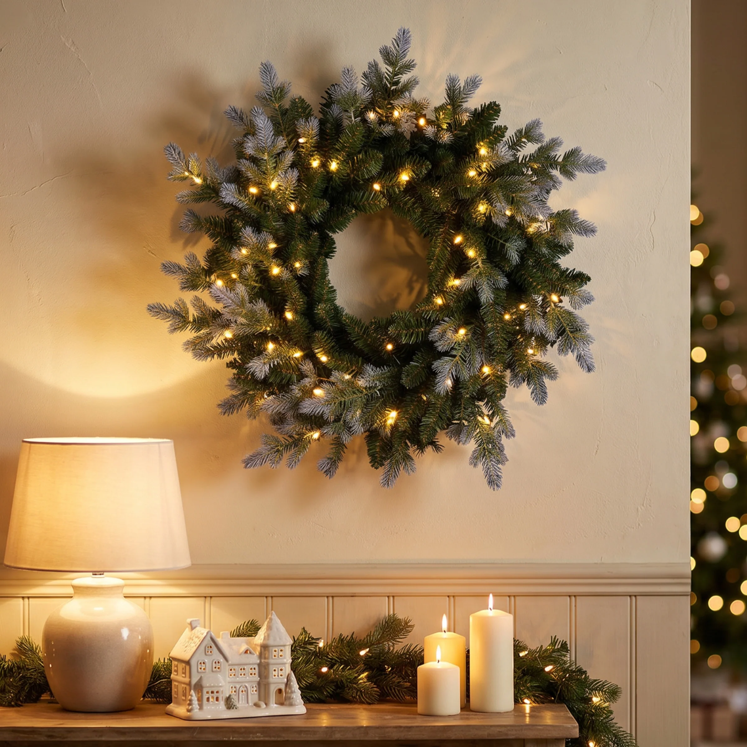 24 in. Pre-Lit Woodland Two-Toned Fir Wreath with Warm White LED Lights - Image 2