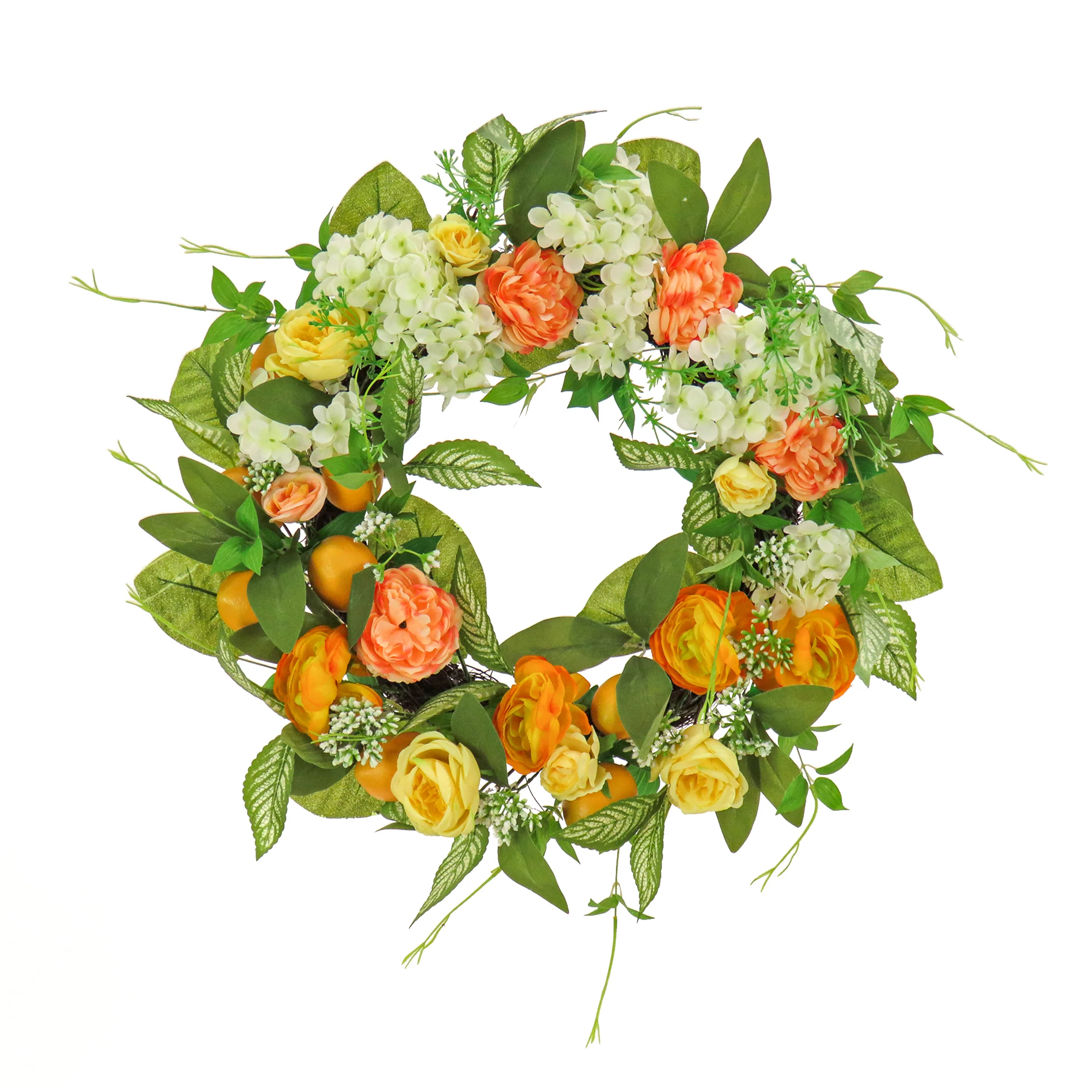 24 in. Spring Wreath with Lemons, Hydrangeas, Ranunculus and Buttercups
