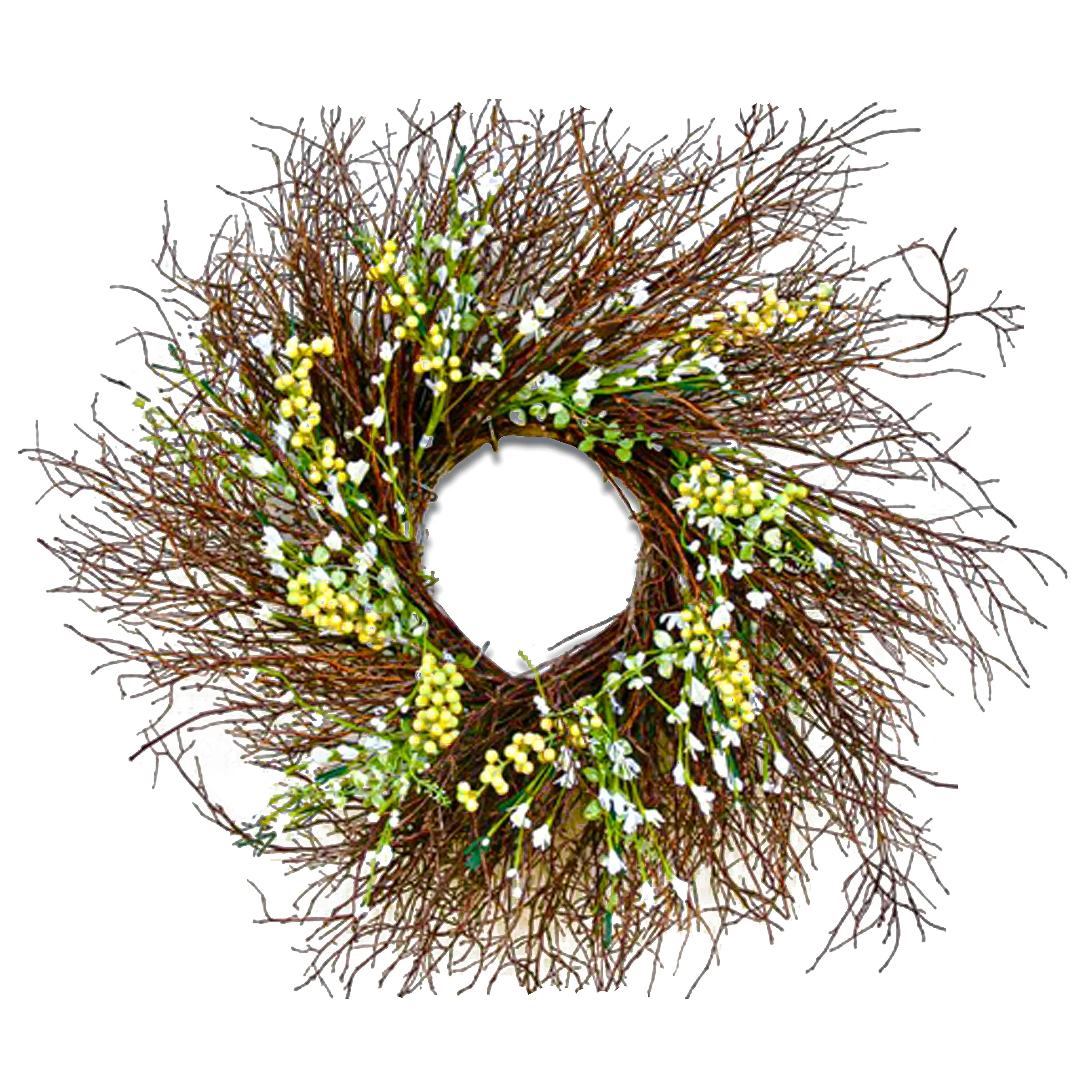 24 in. Spring  Wreath with White and Cream Forsythia Flowers, Swirl of Bristle Twigs