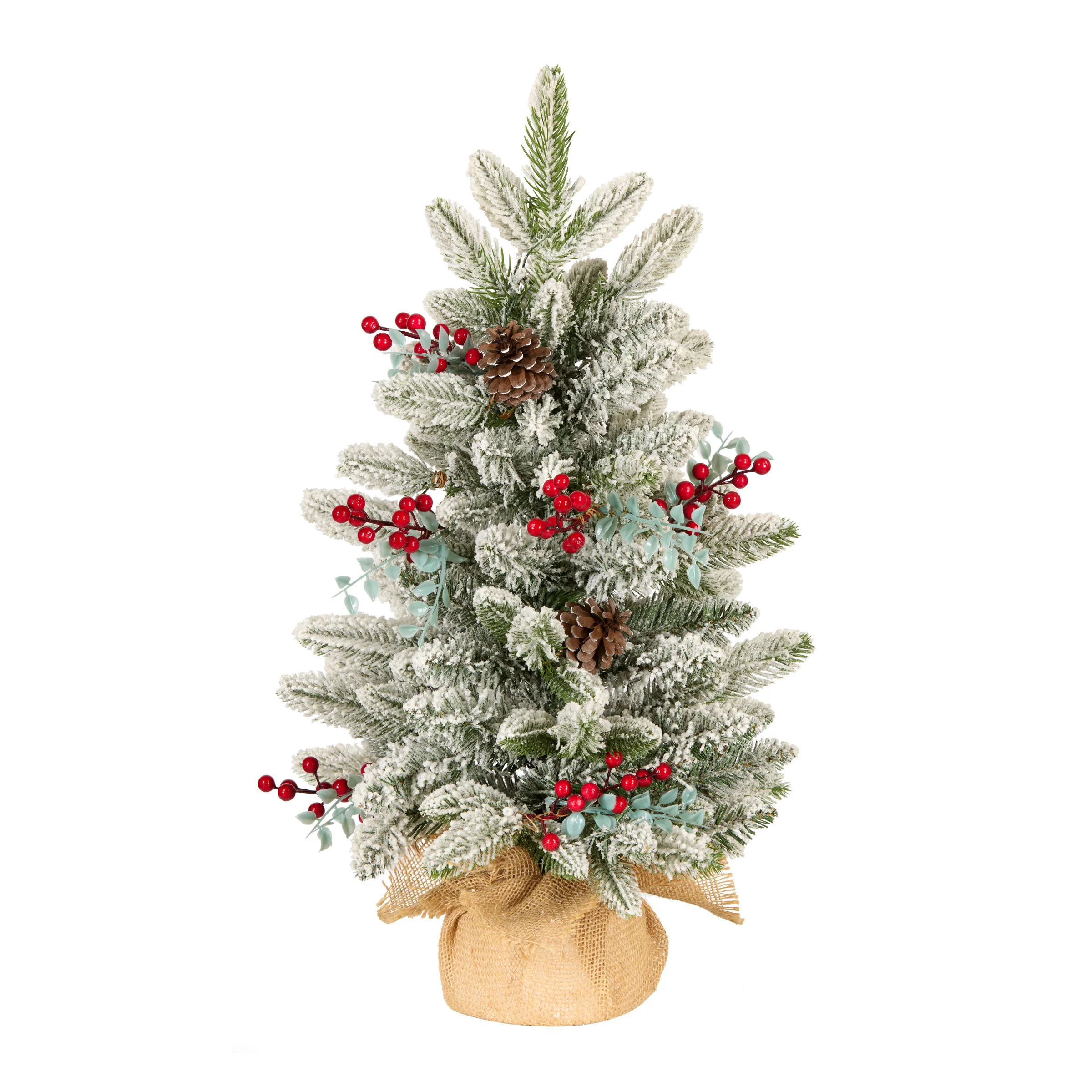 2 ft. Pre-Lit Feel Real Snowberry Pine Mini Flocked Christmas Tree in Burlap Base with Warm White LED Lights