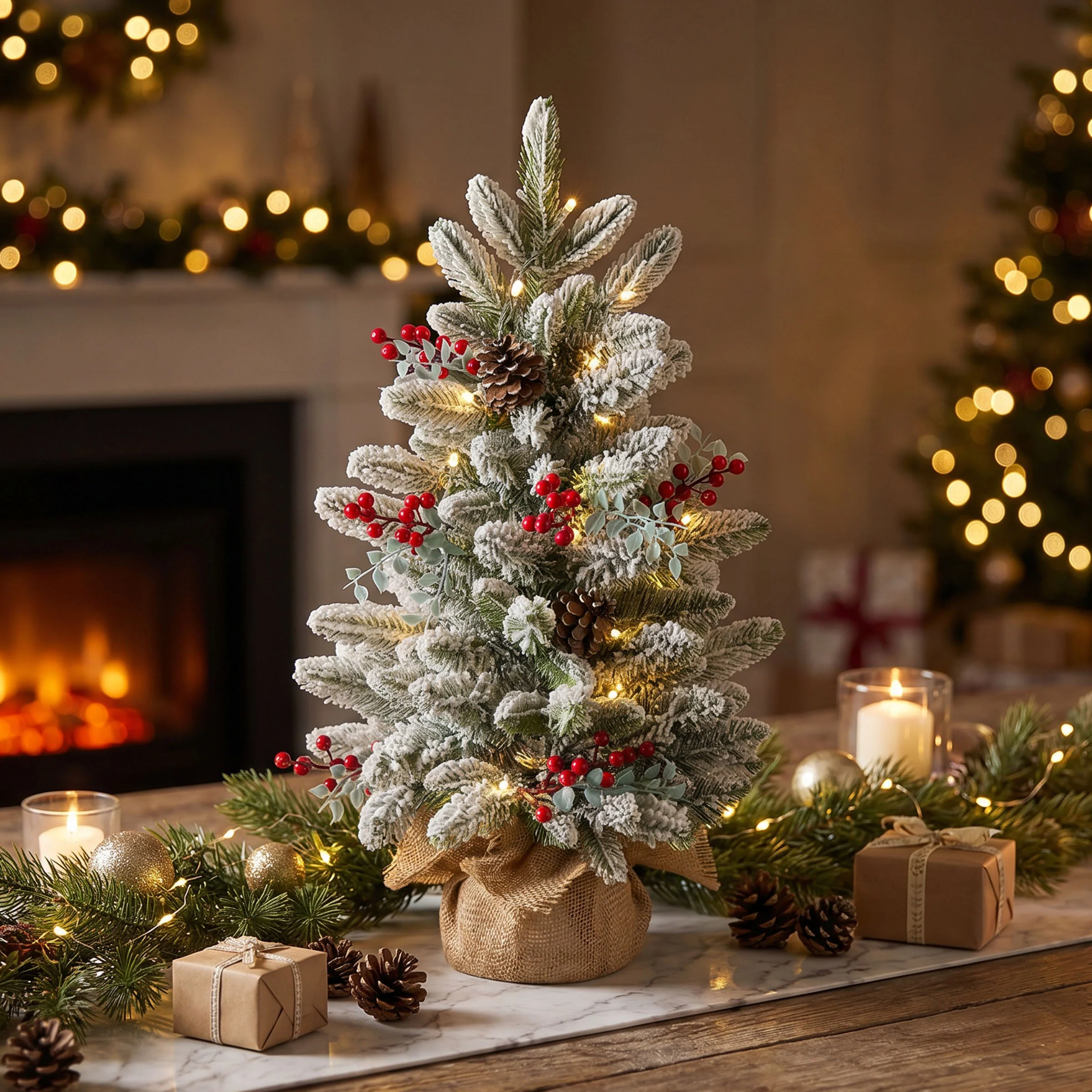 2 ft. Pre-Lit Feel Real Snowberry Pine Mini Flocked Christmas Tree in Burlap Base with Warm White LED Lights - Image 2