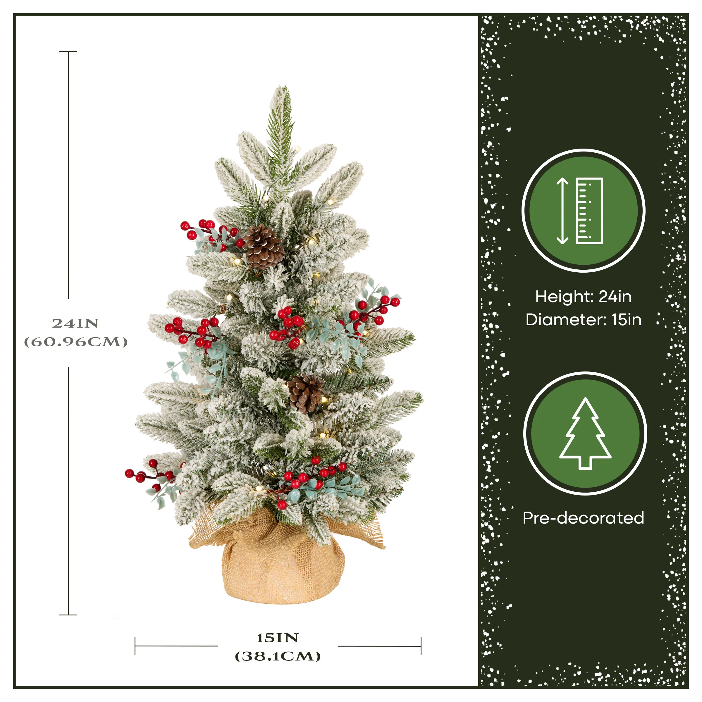 2 ft. Pre-Lit Feel Real Snowberry Pine Mini Flocked Christmas Tree in Burlap Base with Warm White LED Lights - Image 3