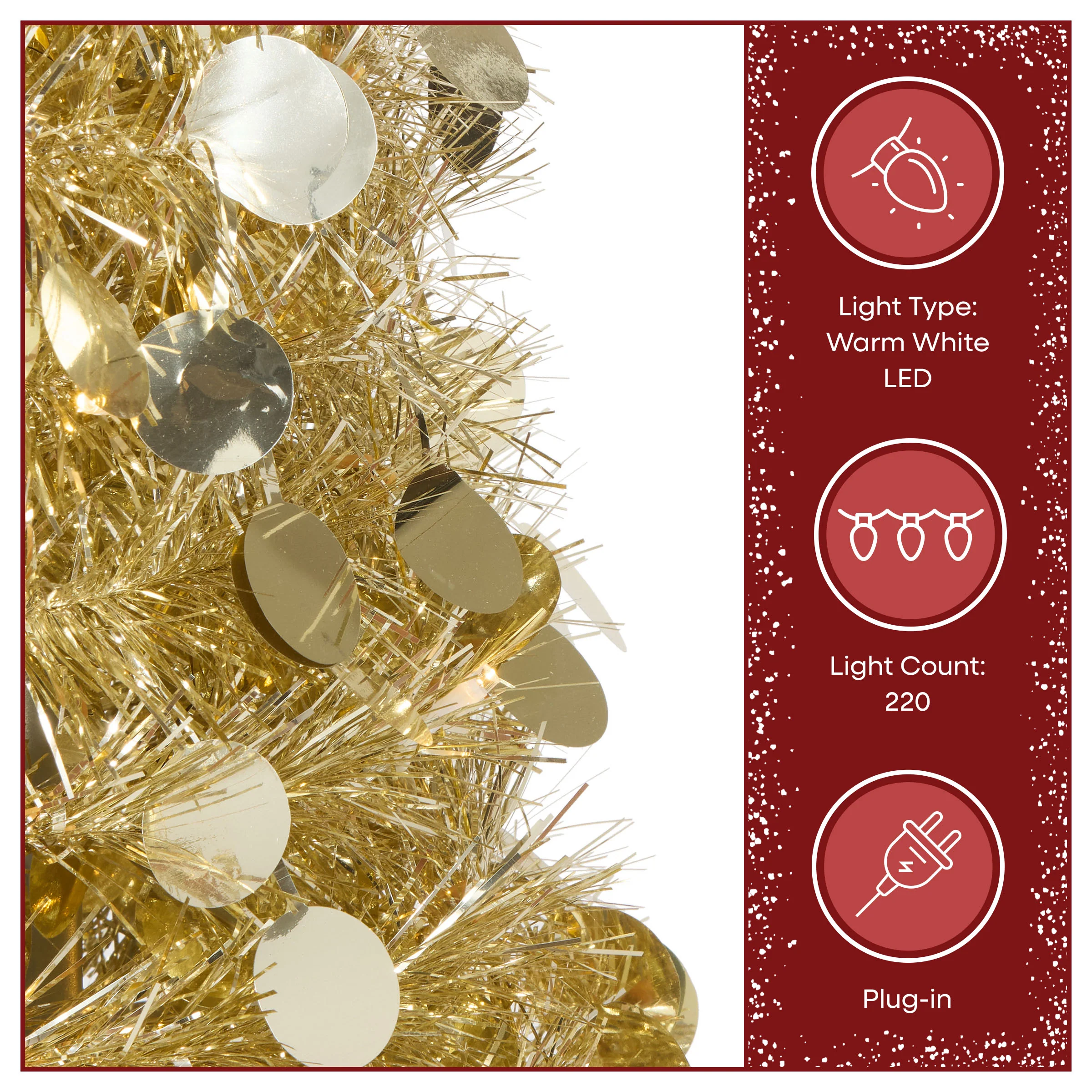 3 ft., 4 ft., 5 ft. Pre-Lit Jinglepop Pop Up Gold Tinsel Collapsible Pencil Tree Set of 3 with Warm White LED Lights - Image 4