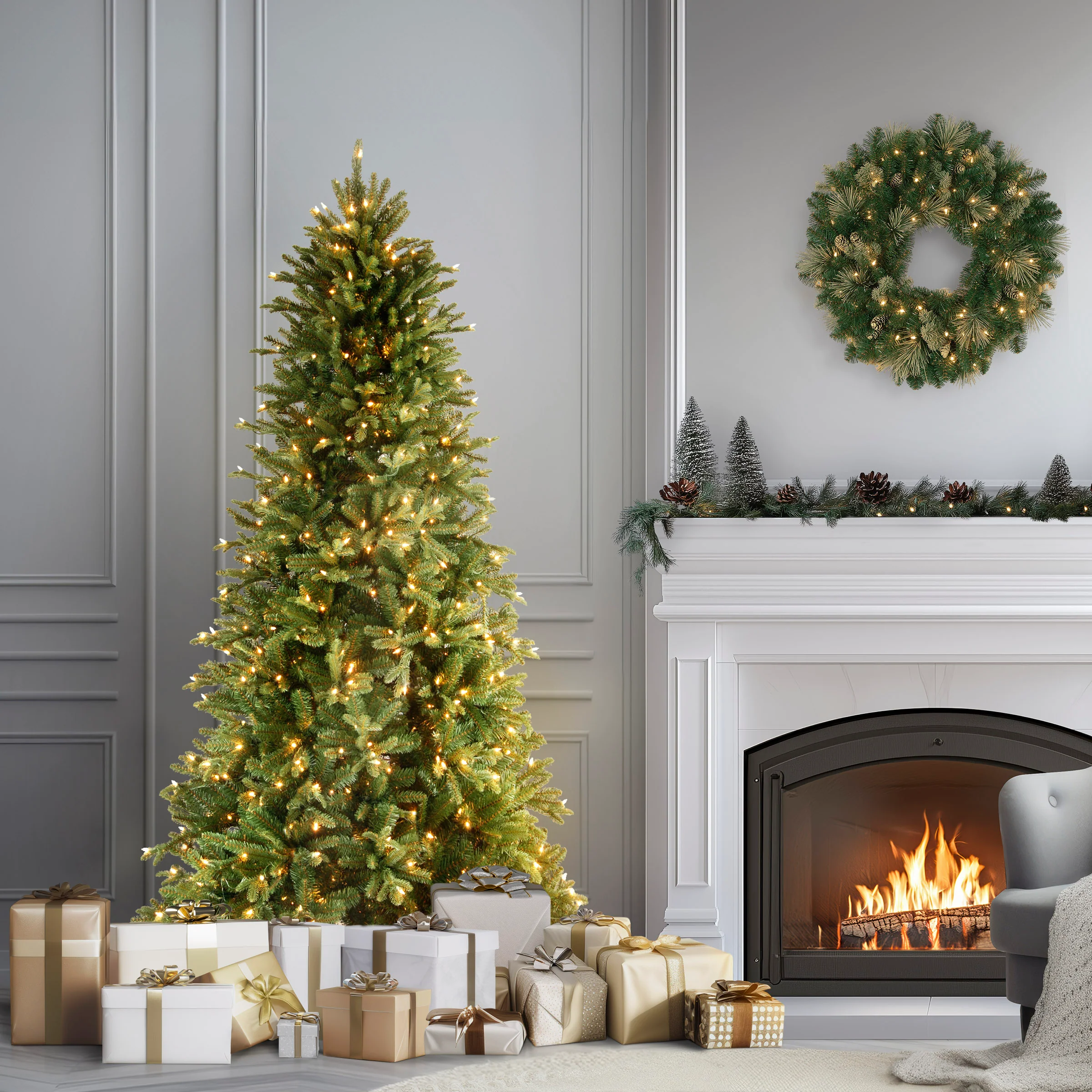 6.5 ft. Pre-Lit Tiffany Fir Slim Tree with Clear Lights PE Branch Tips, Plug-In - Image 2