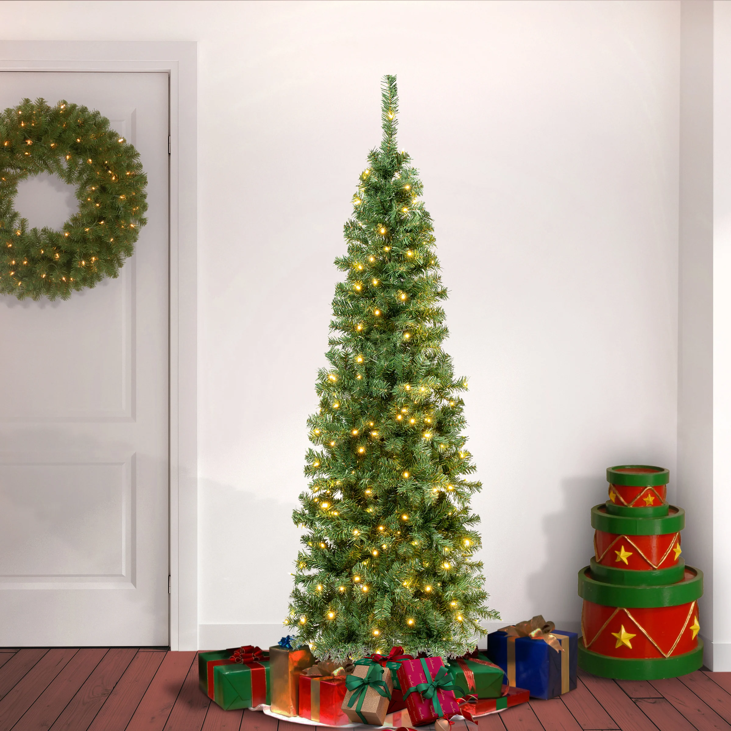 6 ft. Pre-Lit Linden Spruce Slim Tree with Warm White LED Lights, Plug-In - Image 2