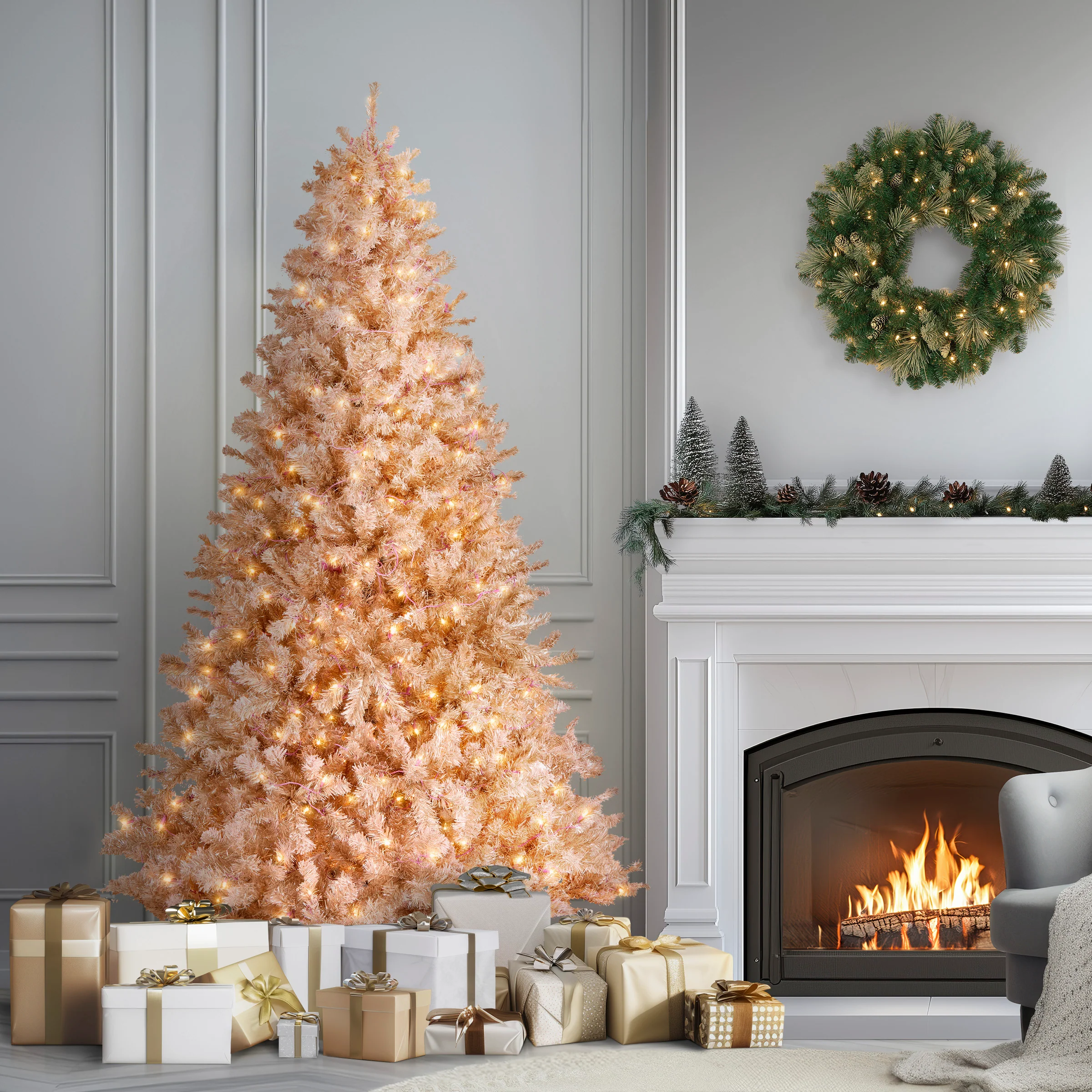 7.5 ft Pre-Lit Pink Flocked Tree with Clear Lights - Image 3