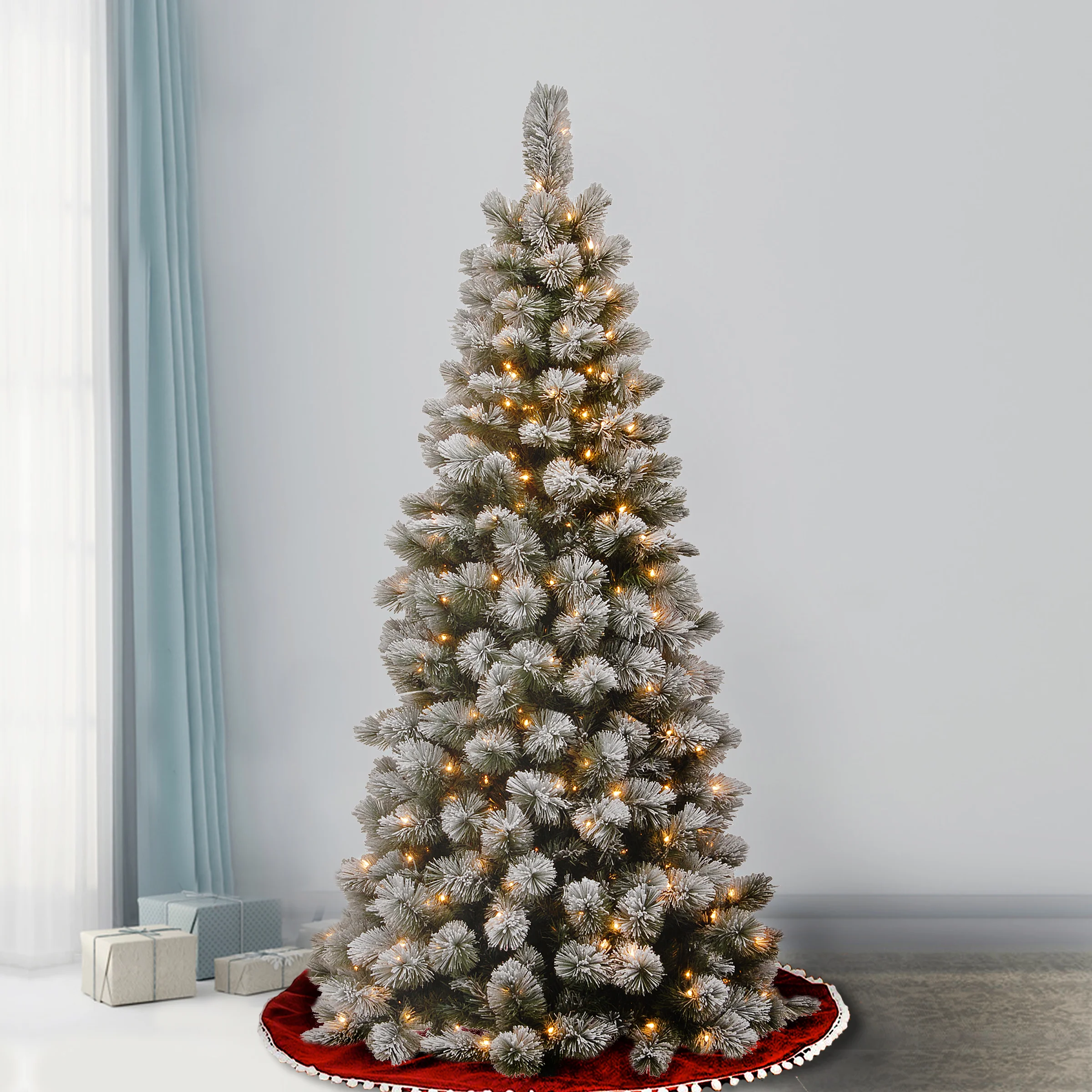 7.5 ft. Pre-Lit Snowy Bristle Pine  Slim Tree with Clear Lights - Image 2