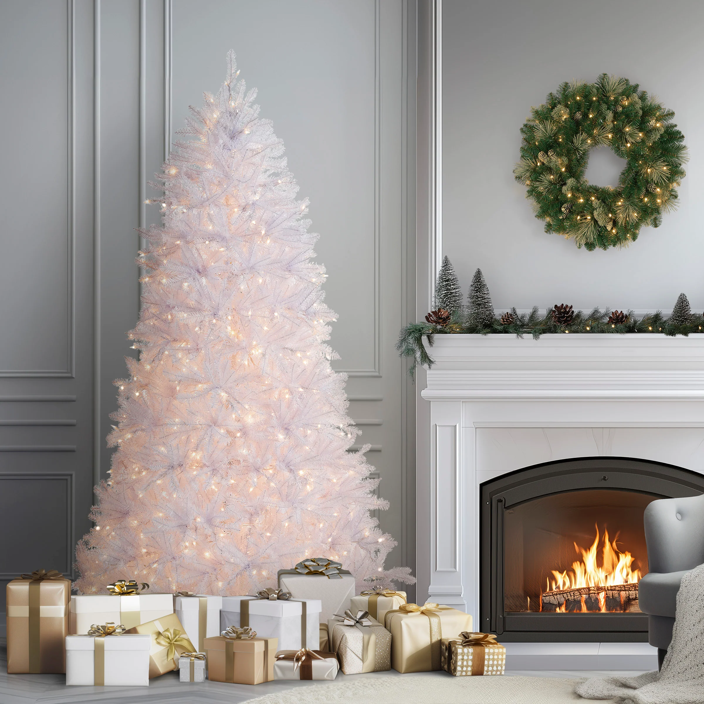 7 ft. Pre-Lit Dunhill Fir White Tree with Clear Lights, Plug-In - Image 2