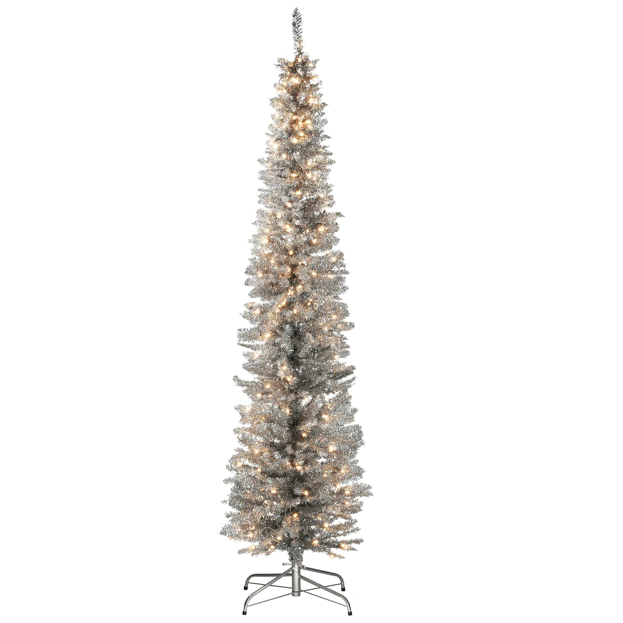 7 ft. Pre-Lit Tinsel Collection Silver Tree with Clear Lights