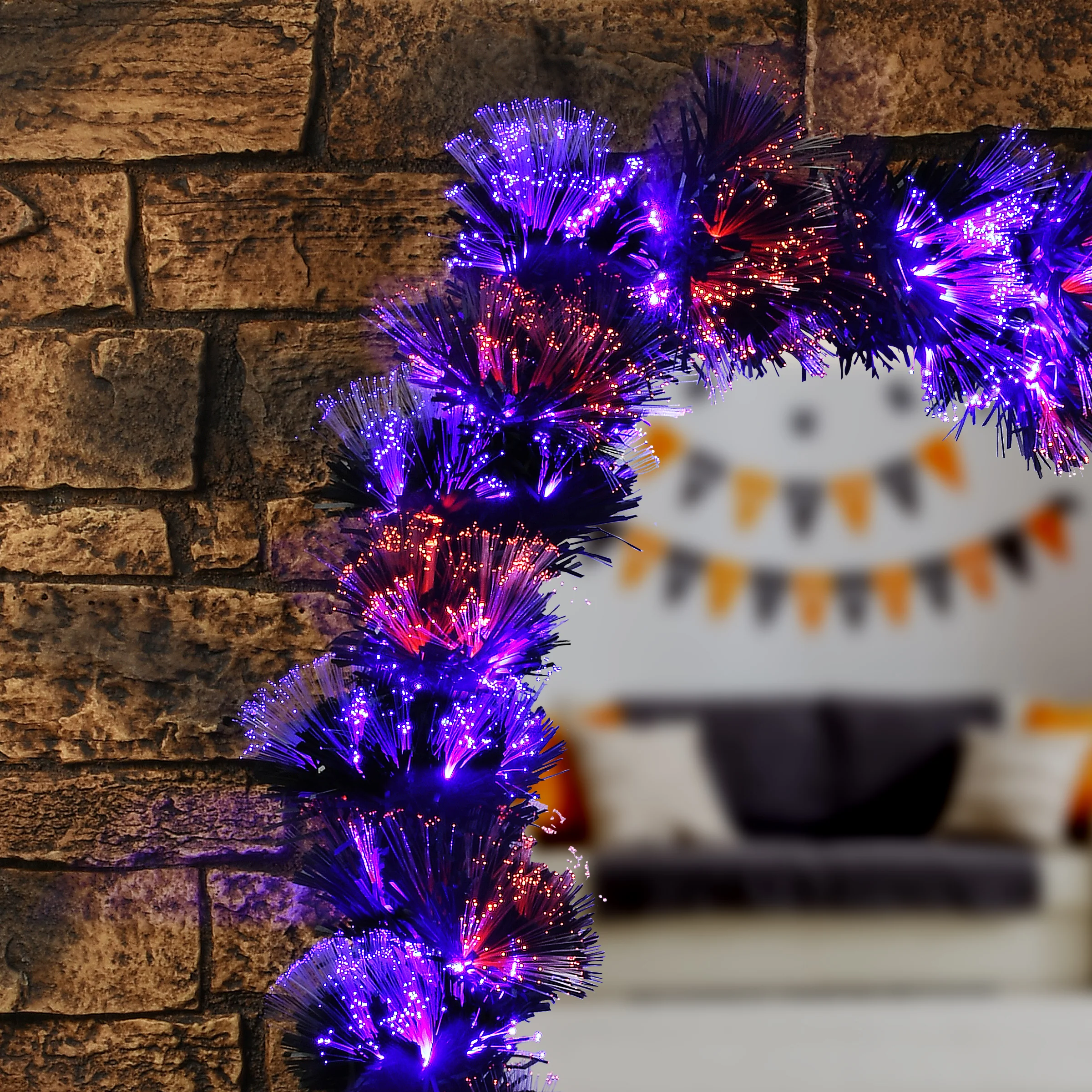 9 ft. Halloween Black Fiber Optic Garland with Purple and Orange Lights, Plug-In - Image 2