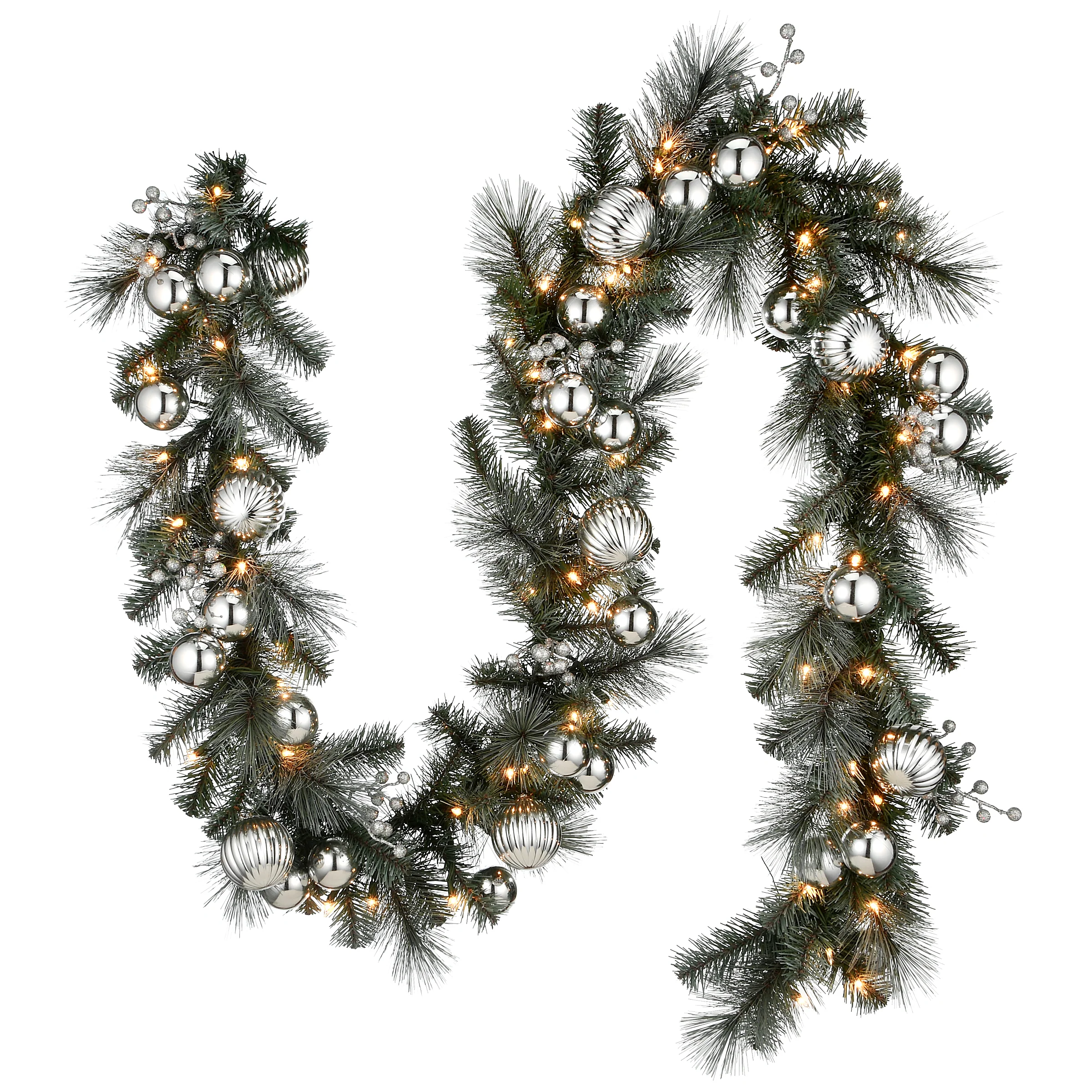 9 ft. Pre-Lit Frosted Silver Pine Garland with Clear Lights