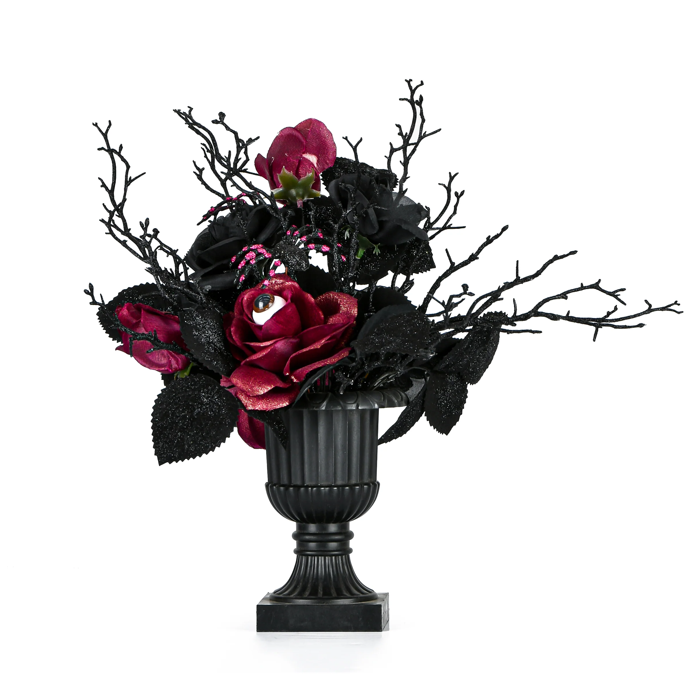 18 in. Halloween Rose Flowers Plant Decoration in a Black Urn
