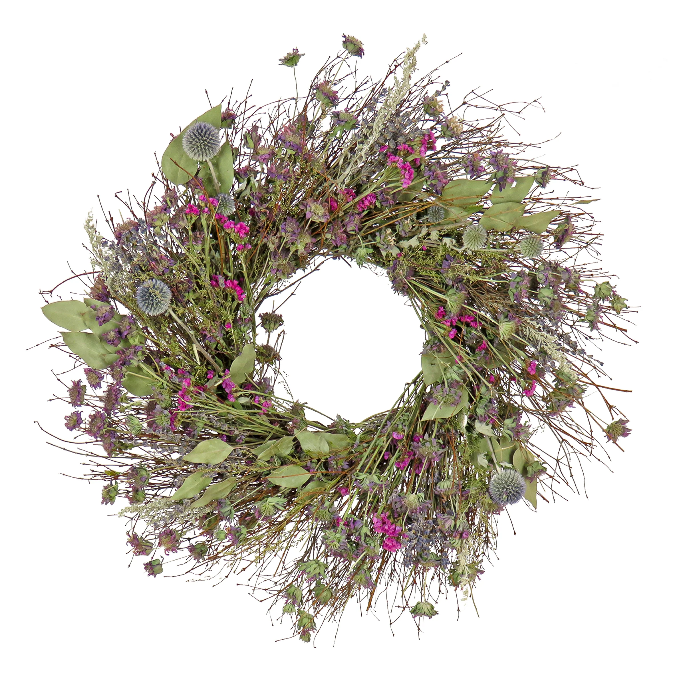 Artificial Spring Wreath, Metal Ring Base, Decorated with Eucalyptus, Wildflowers, Leafy Greens, Spring Collection, 22 Inches