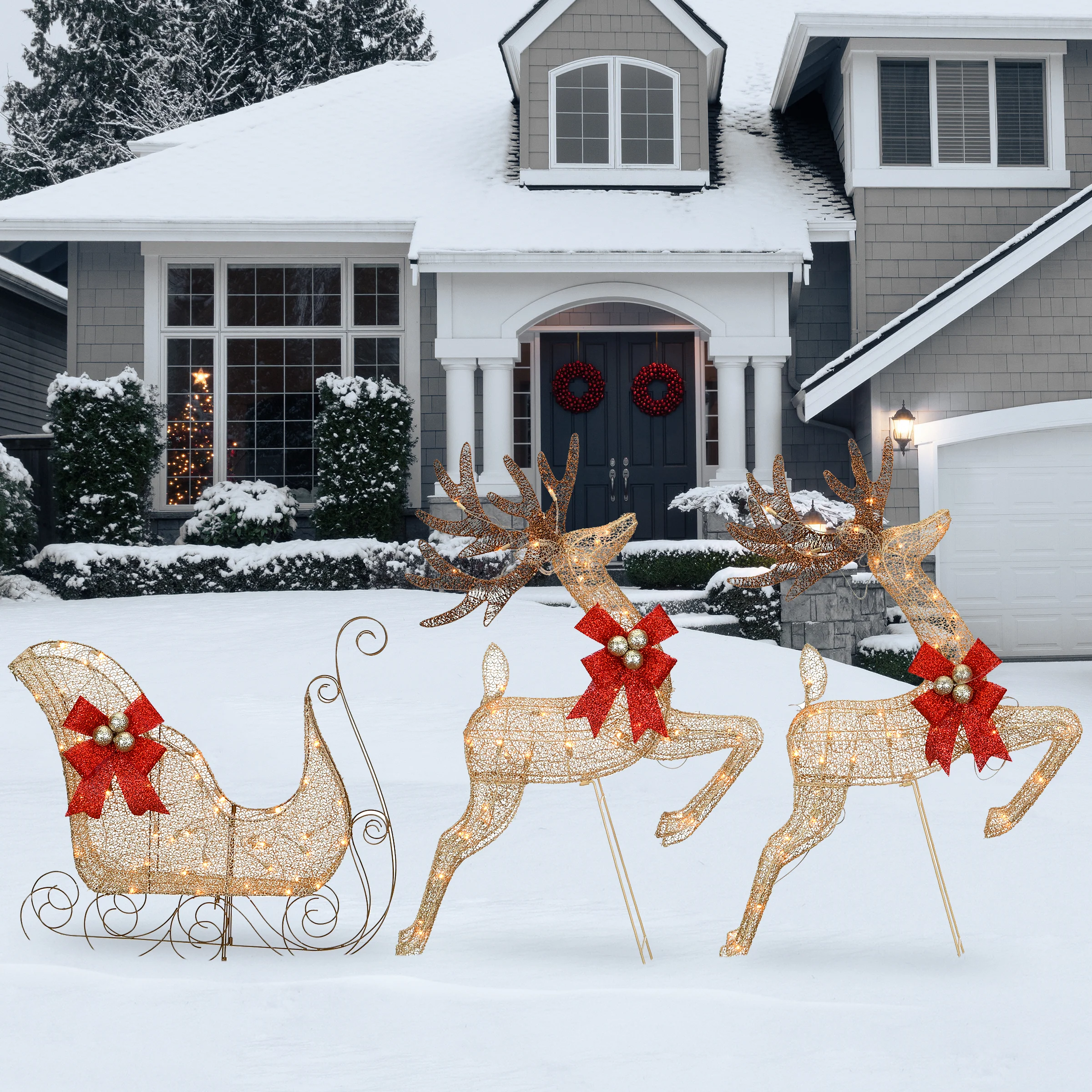 42 in. Glittered Mesh Fabric Deer with 27 in. Sleigh and Lights, Plug-In - Image 2