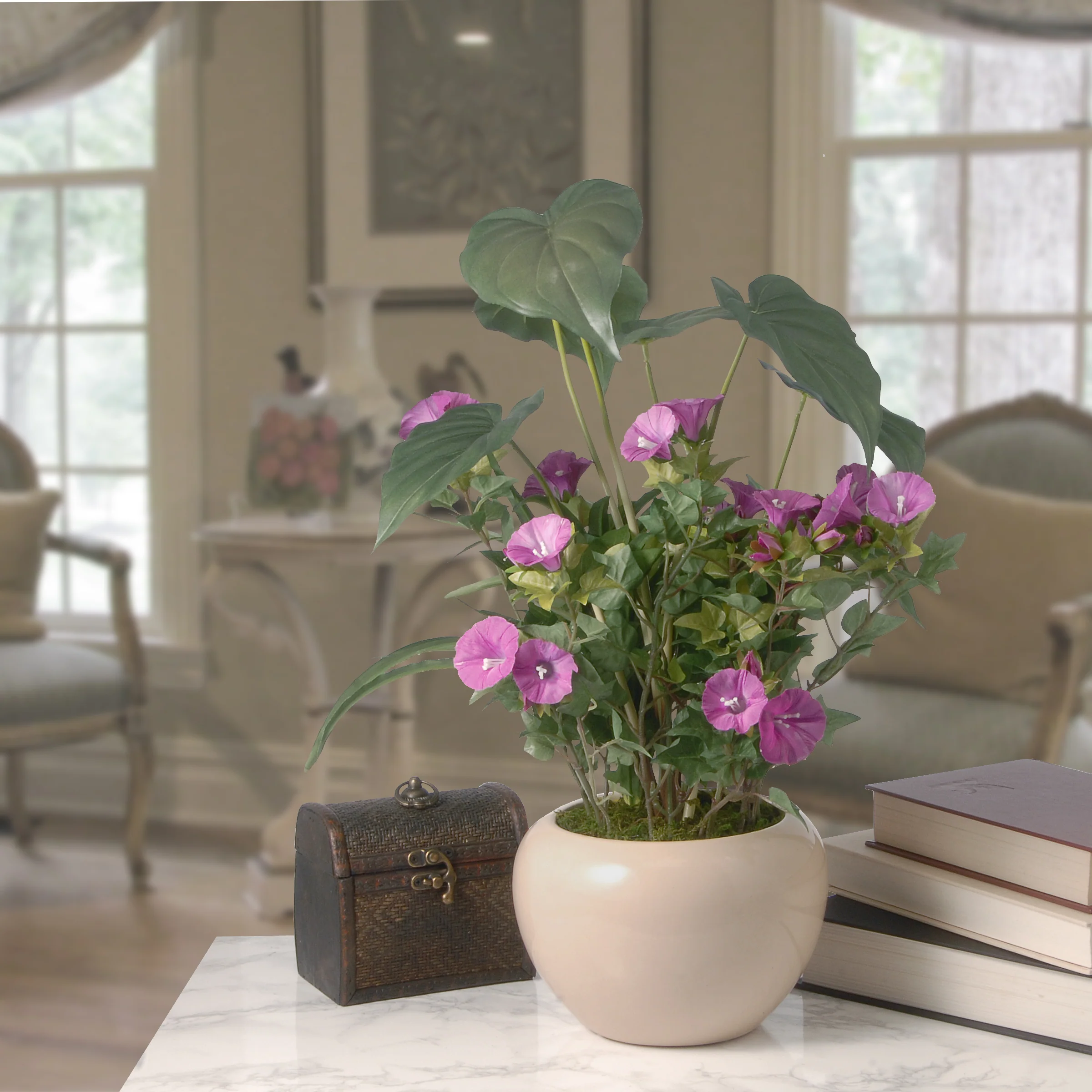 18 in. Spring Purple Flower Blooms Potted Plant in a Cream Ceramic Pot - Image 2