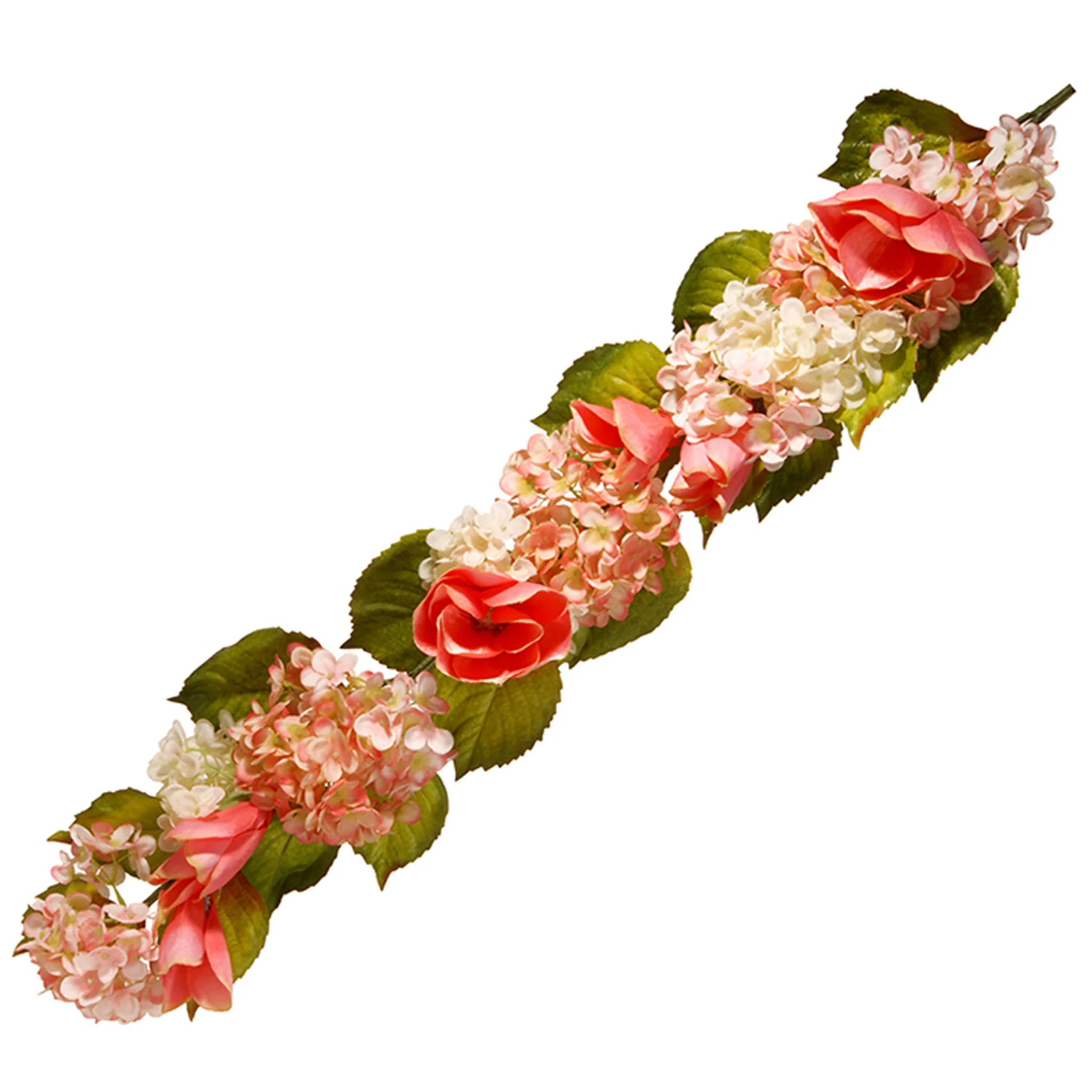 4 ft. Spring Garland with White Hydrangea and Pink Rose Blooms, Leafy Greens