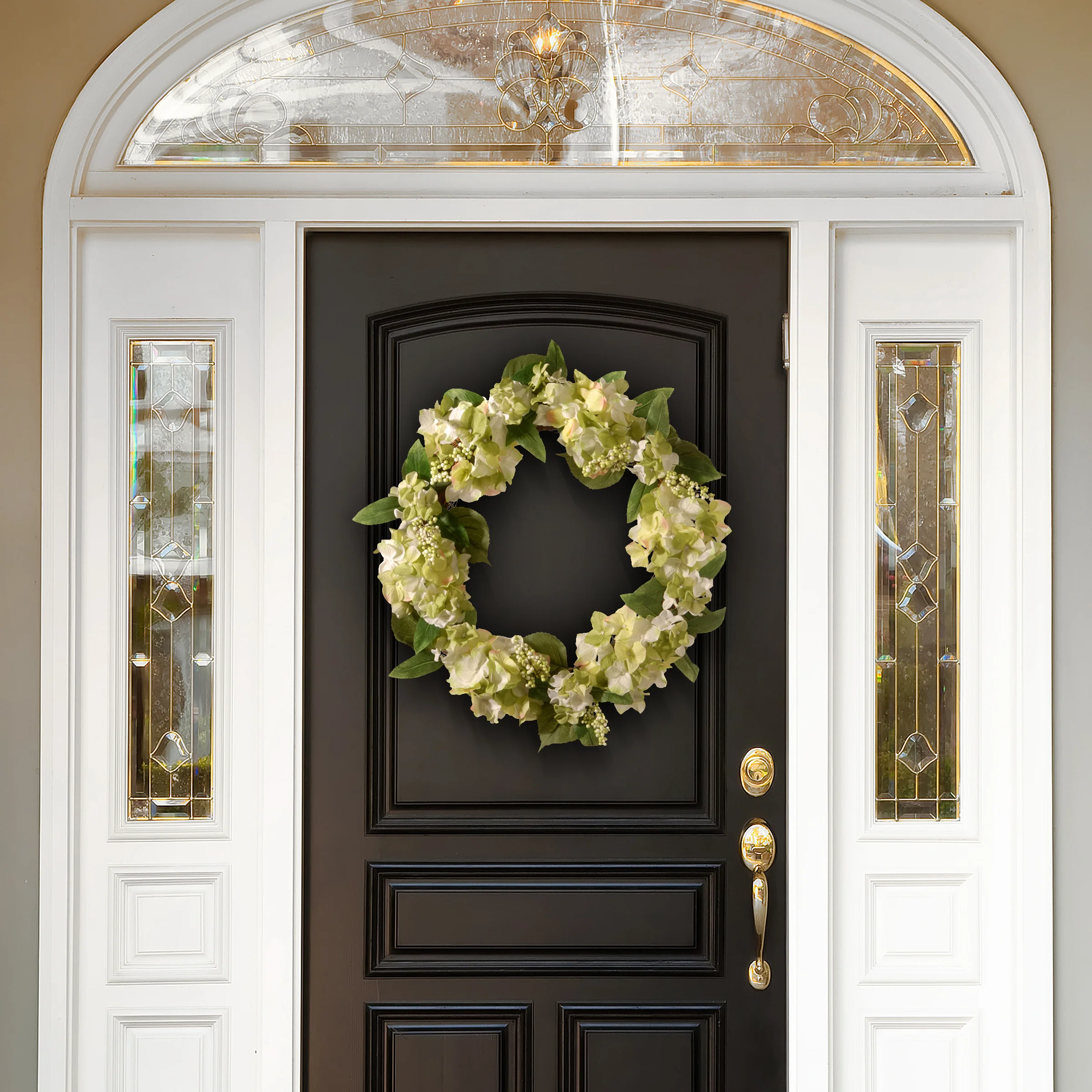 24 in. Spring Wreath with Hydrangea Blooms, Berry Clusters, Leafy Greens - Image 2