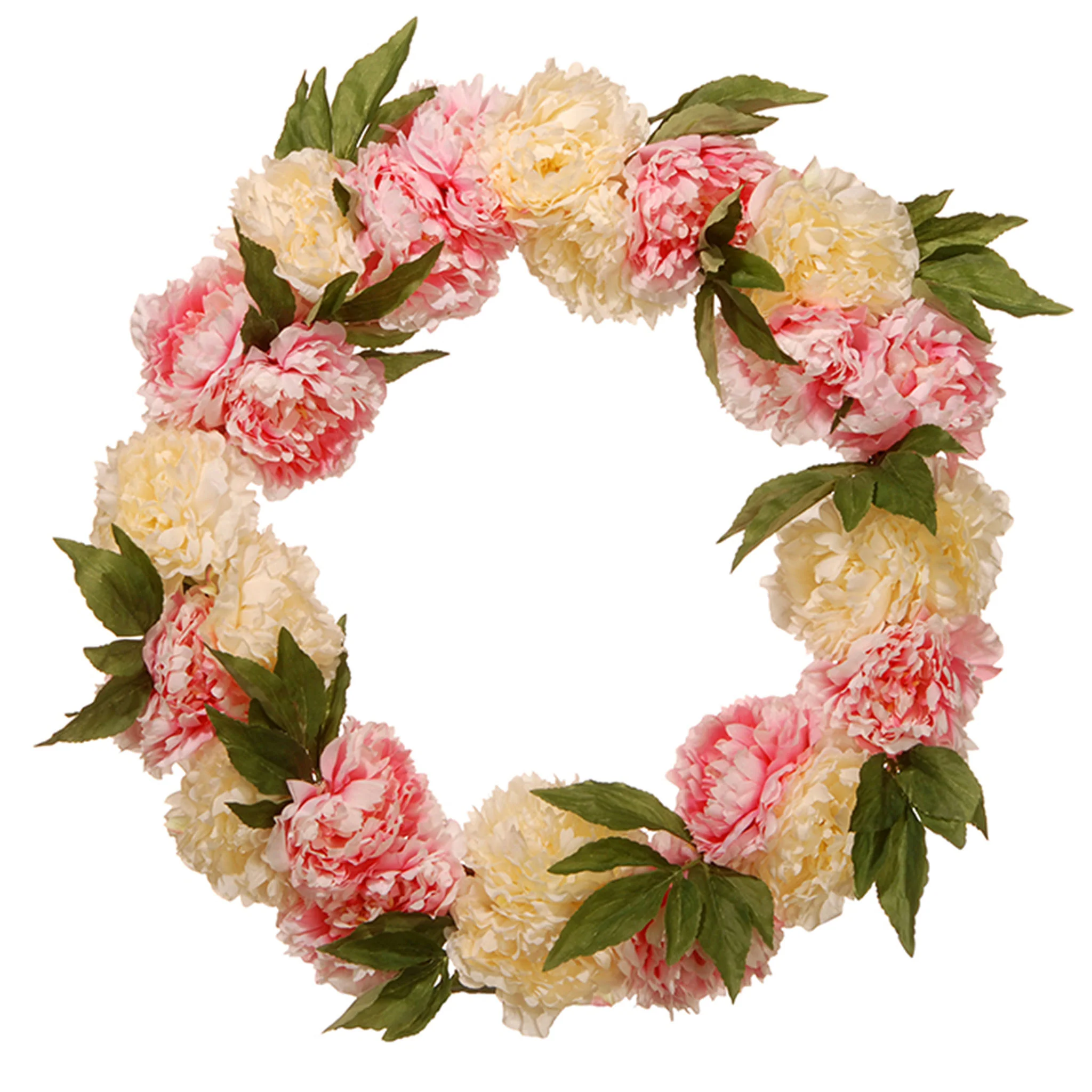 24 in. Spring Wreath with Pink and White Peony Blooms, Leafy Greens