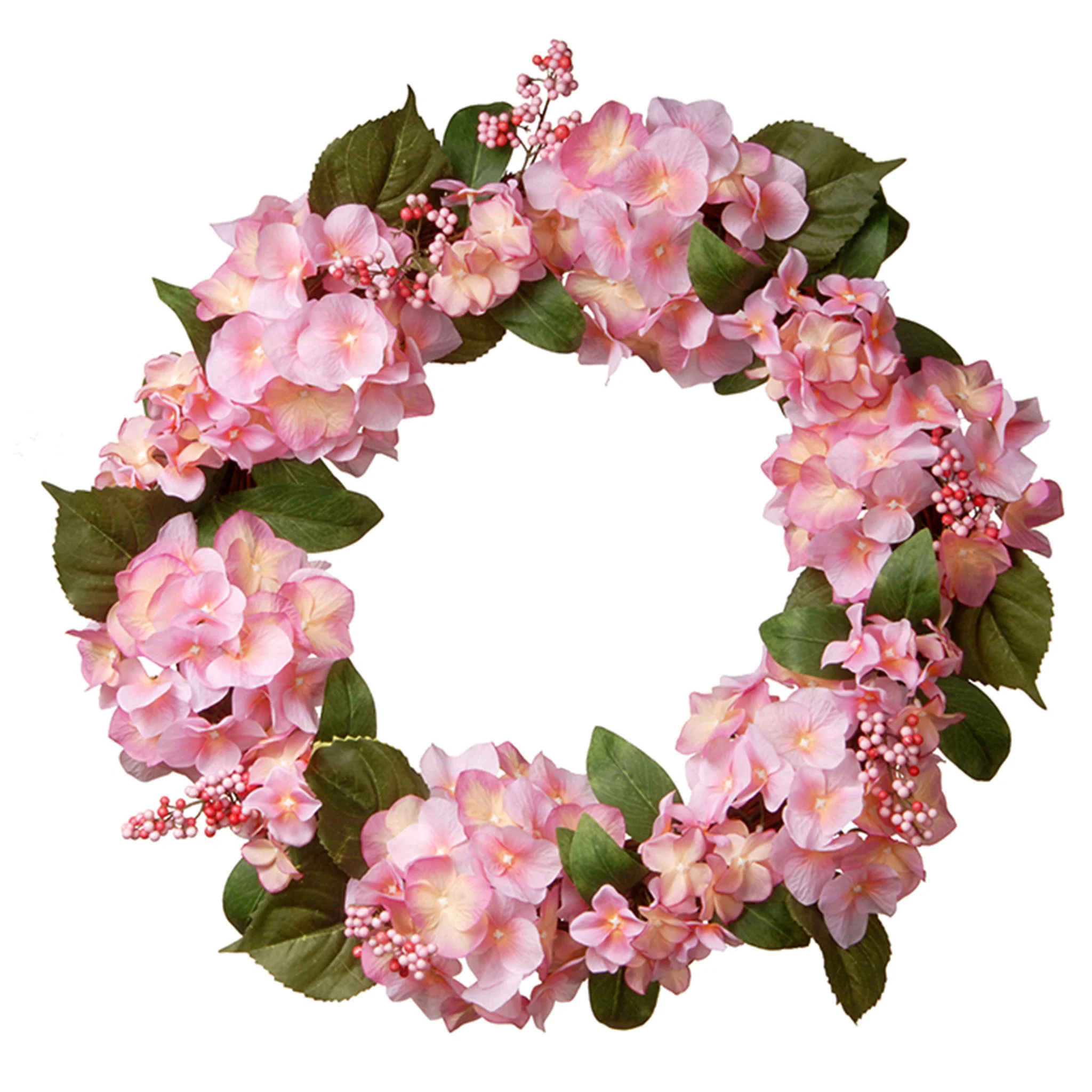 24 in. Spring Wreath with Pink Hydrangea Blooms, Berry Clusters, Leafy Greens