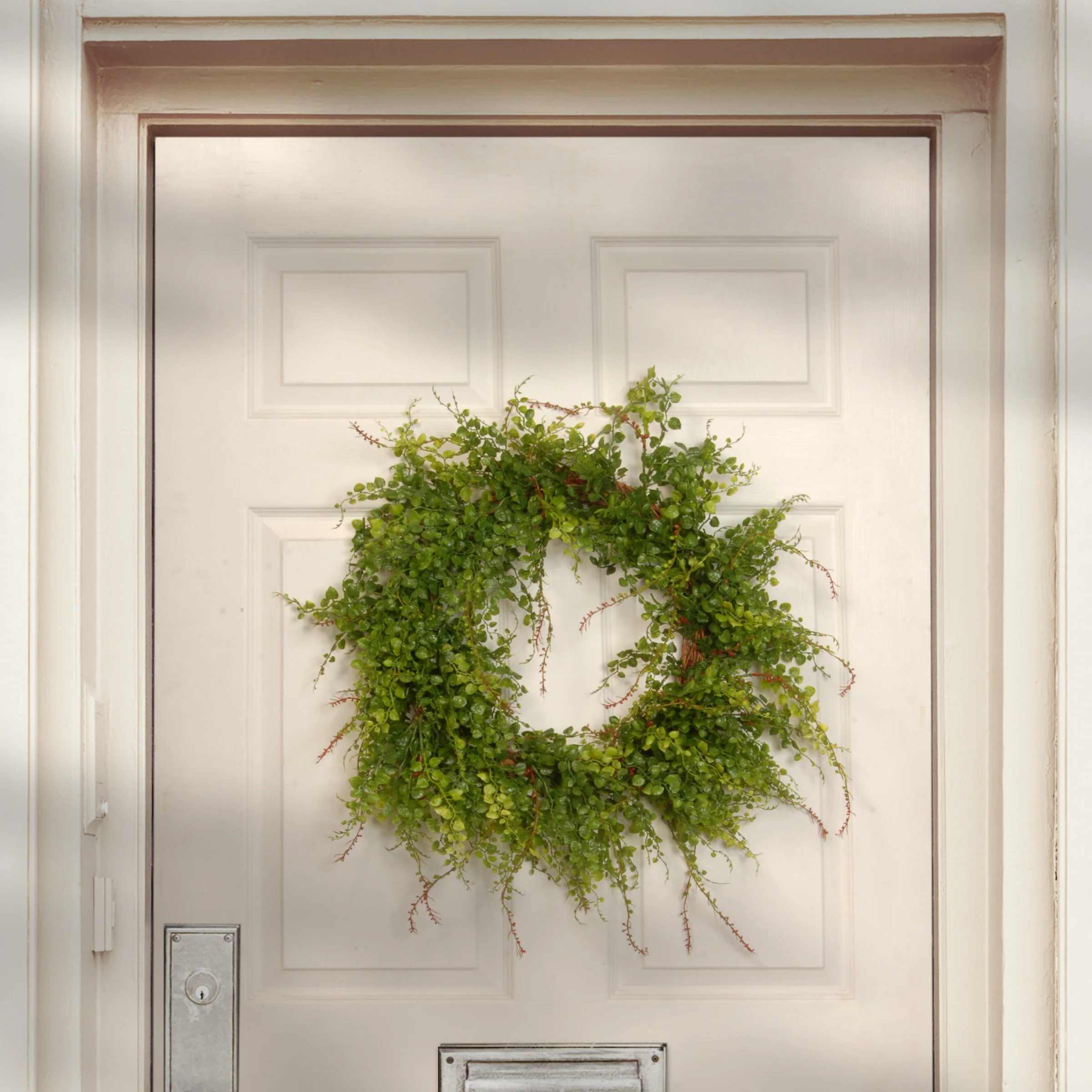 Artificial Hanging Wreath, Green, Woven Branch Base, Decorated with Boxwood Flowers, Spring Collection, 22 Inches - Image 2