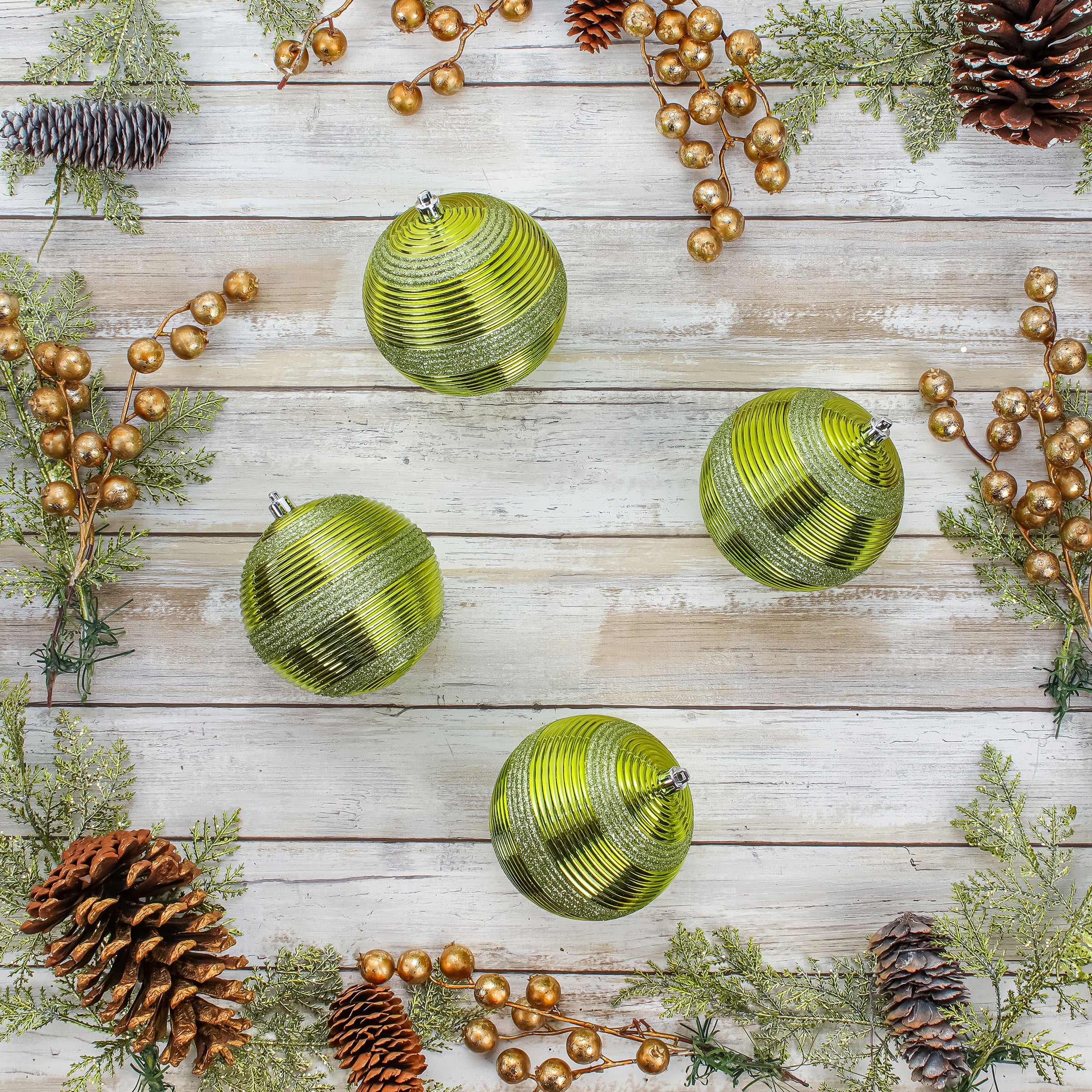 4-Piece Shatterproof Swirling Lime Green Ornaments - Image 2