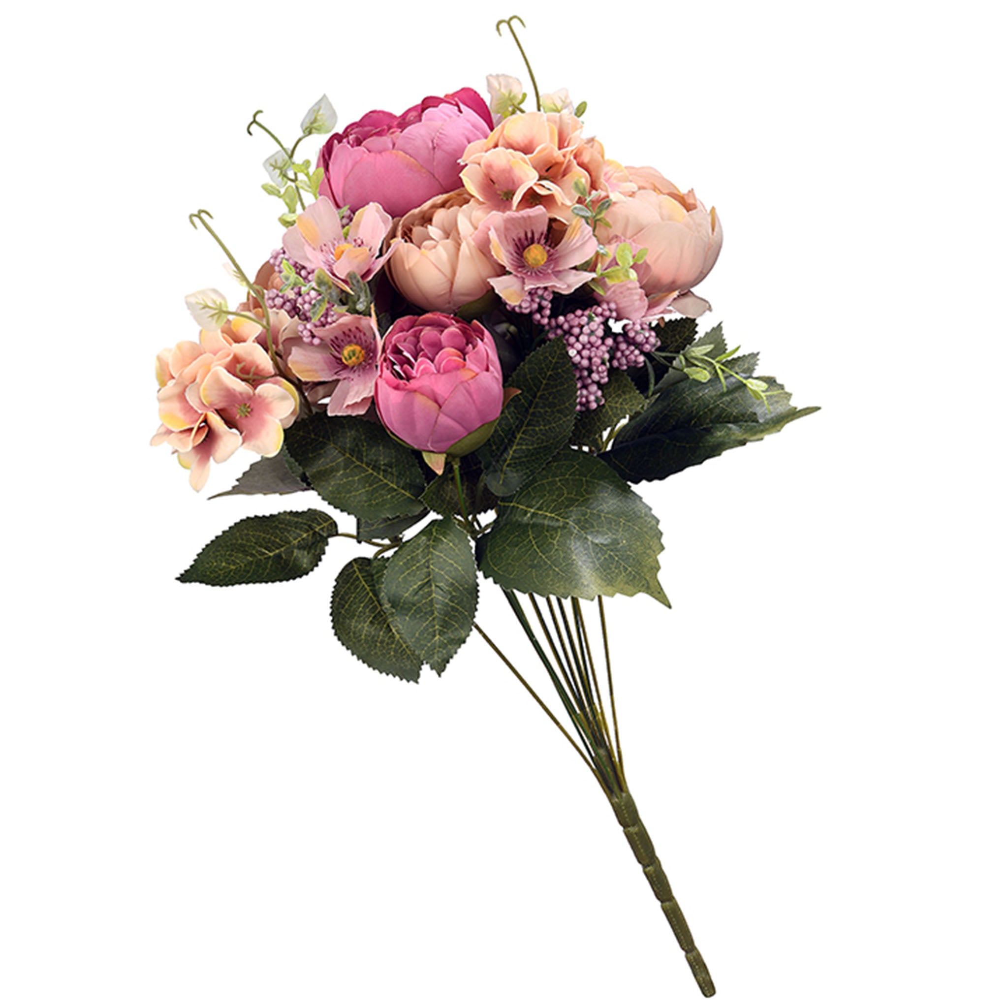 19 in. Spring Floral Bouquet with Pink Rose Blooms, Purple Berry Clusters, Seed Pods, Leafy Greens