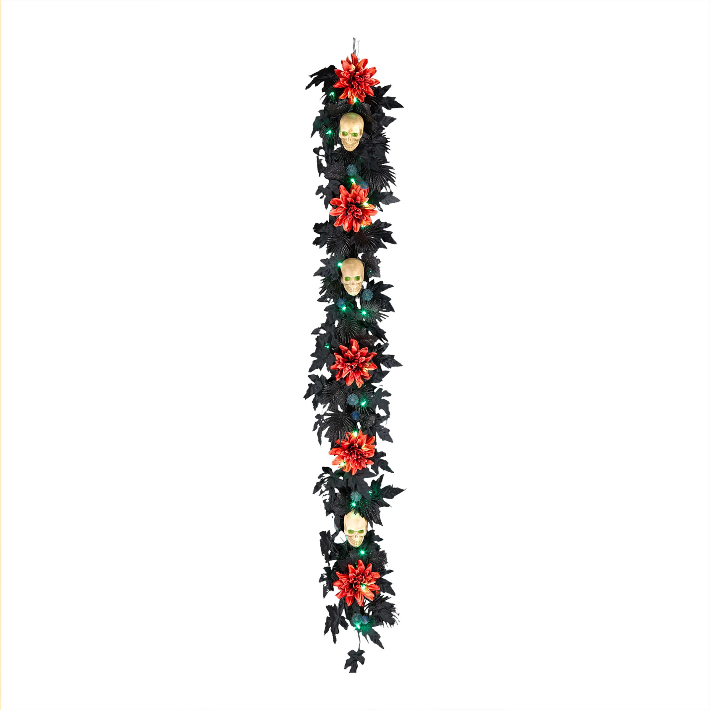6 ft. Halloween Boo-tiful Garland with Orange Dahlia Flowers, White Skulls, LED Lights
