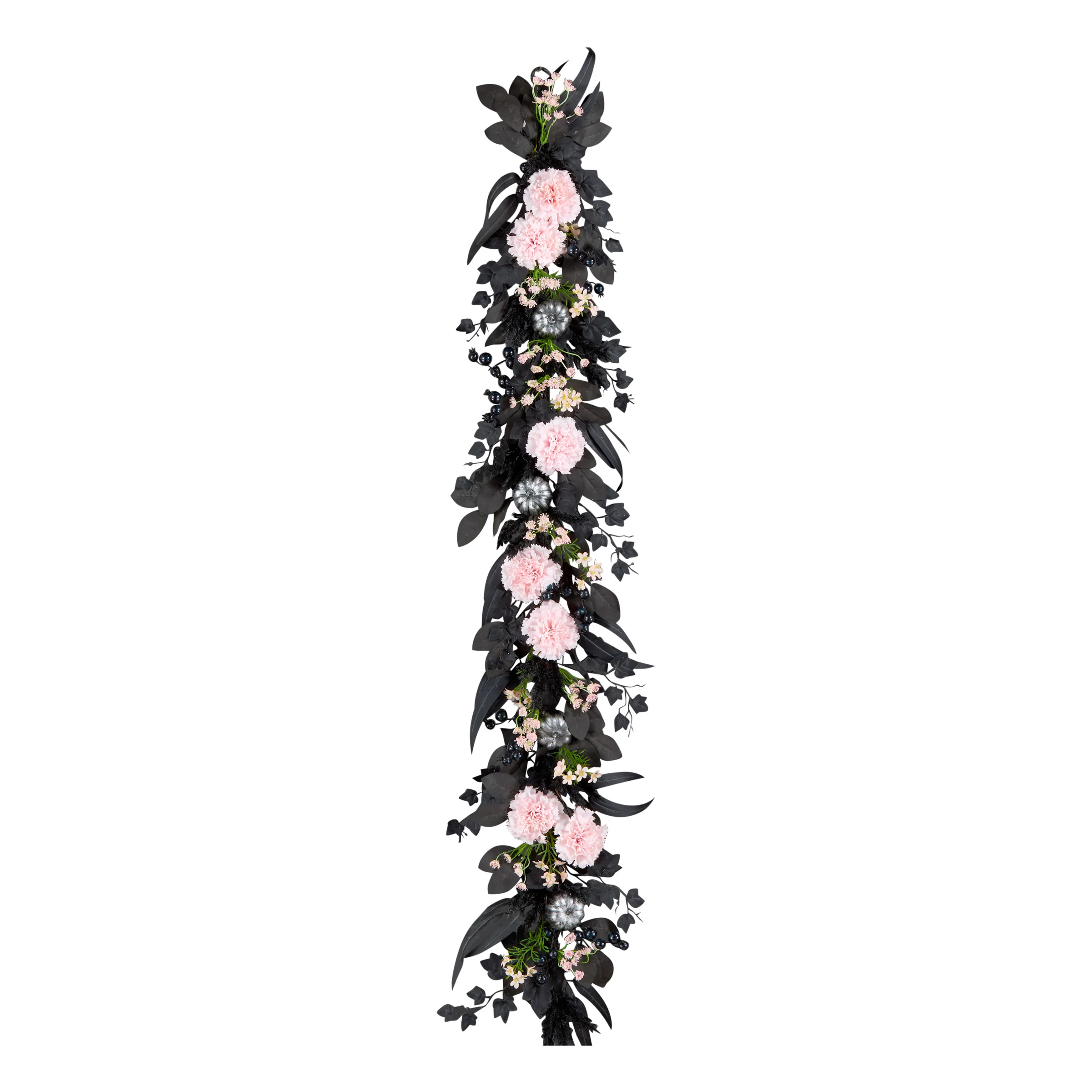 6 ft. Halloween Pretty Morbid Pink Carnation Wreath with Silver Pumpkins