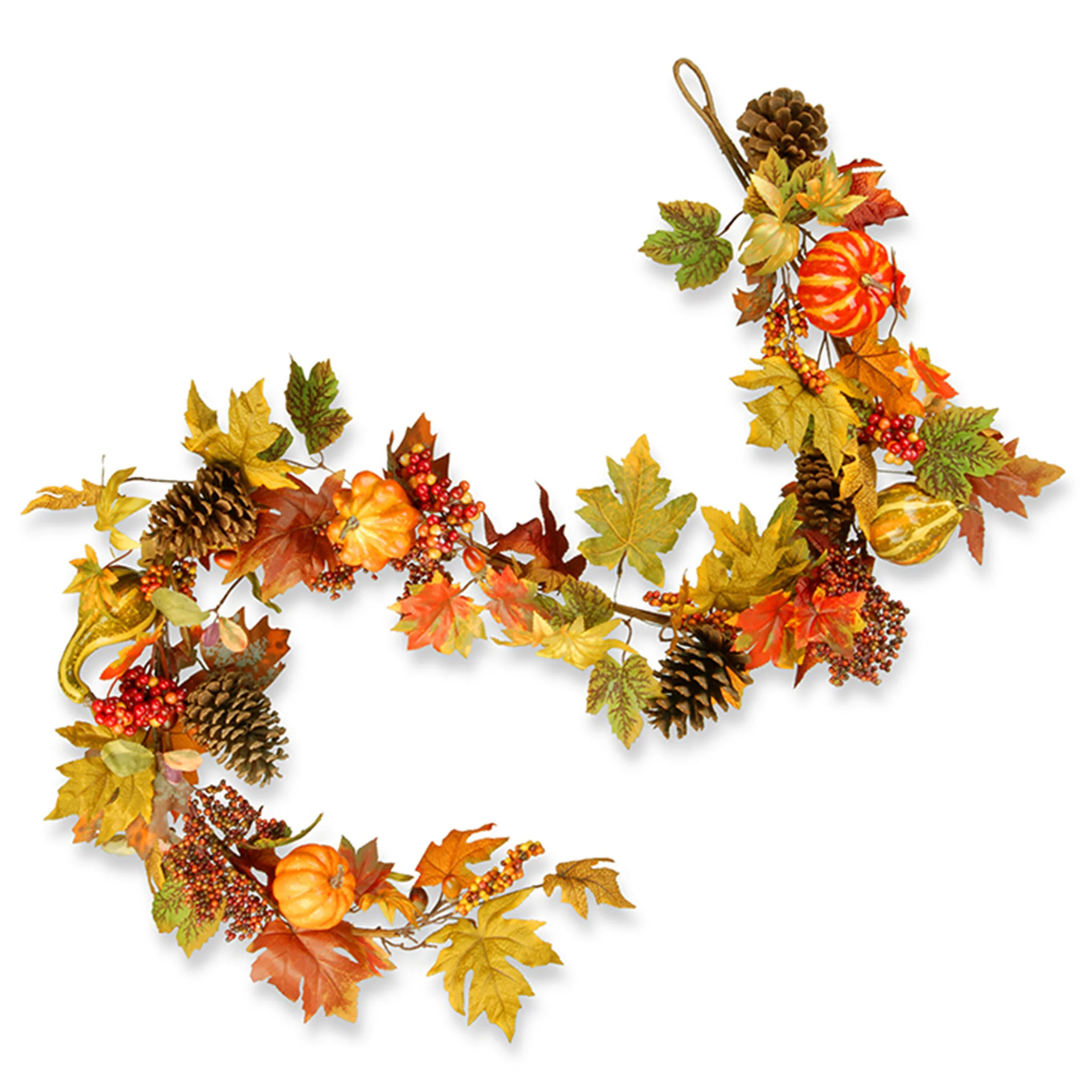 Artificial Autumn Garland, Green and Orange, Made with Pumpkins, Pinecones, Berry Clusters, Maple Leaves, Autumn Collection, 6 ft