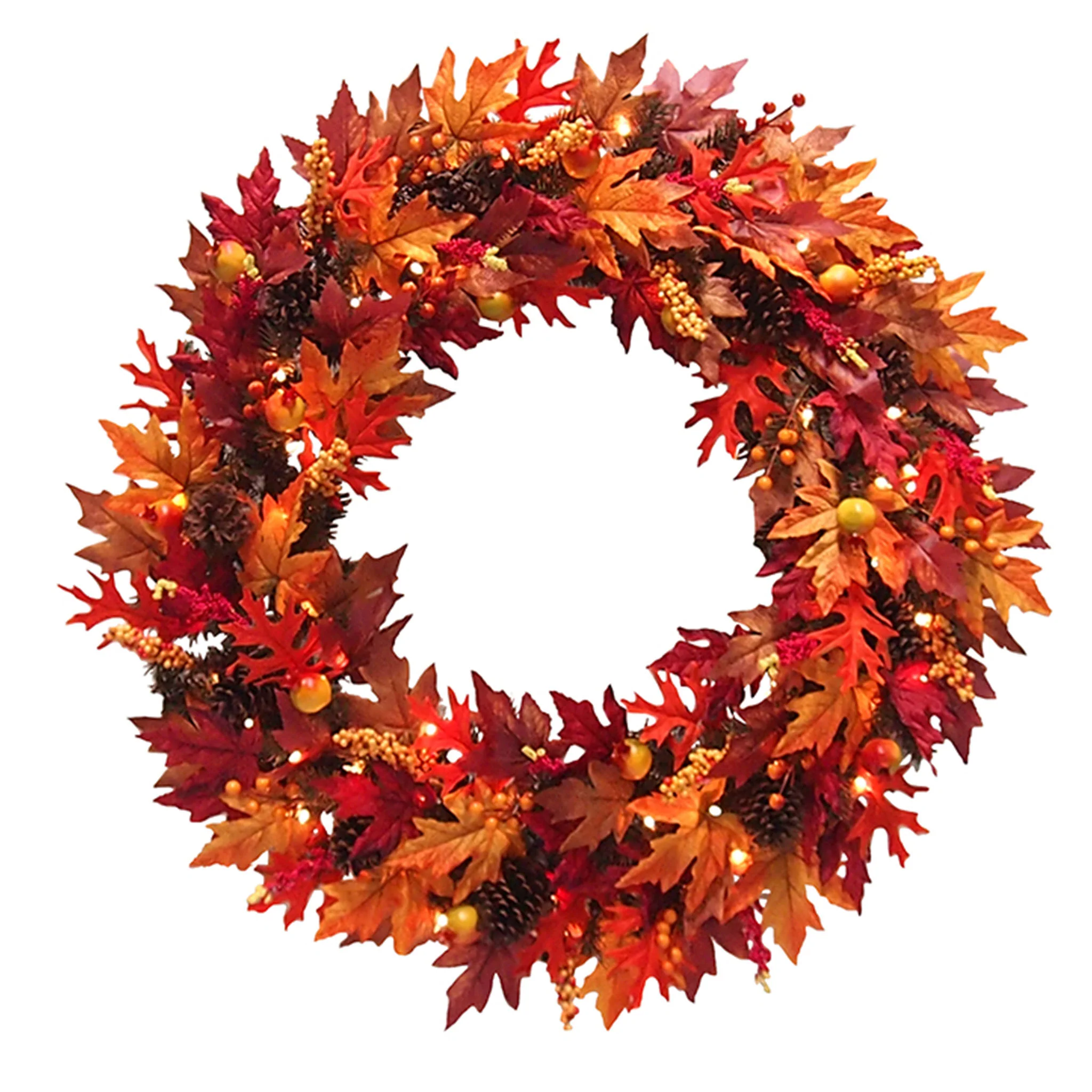 36 in. Pre-Lit Fall Wreath with Gourds, Pinecones, Maple Leaves, Berry Clusters and Lights