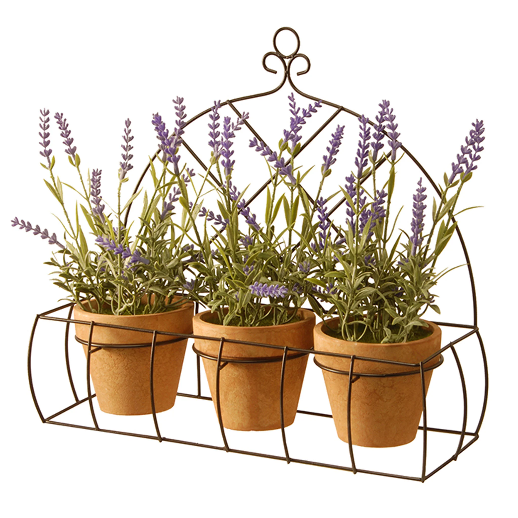 13 in. Spring 3 Potted Plants with Lavender Plants, Classic Pot Bases, Ornate Metal Holder