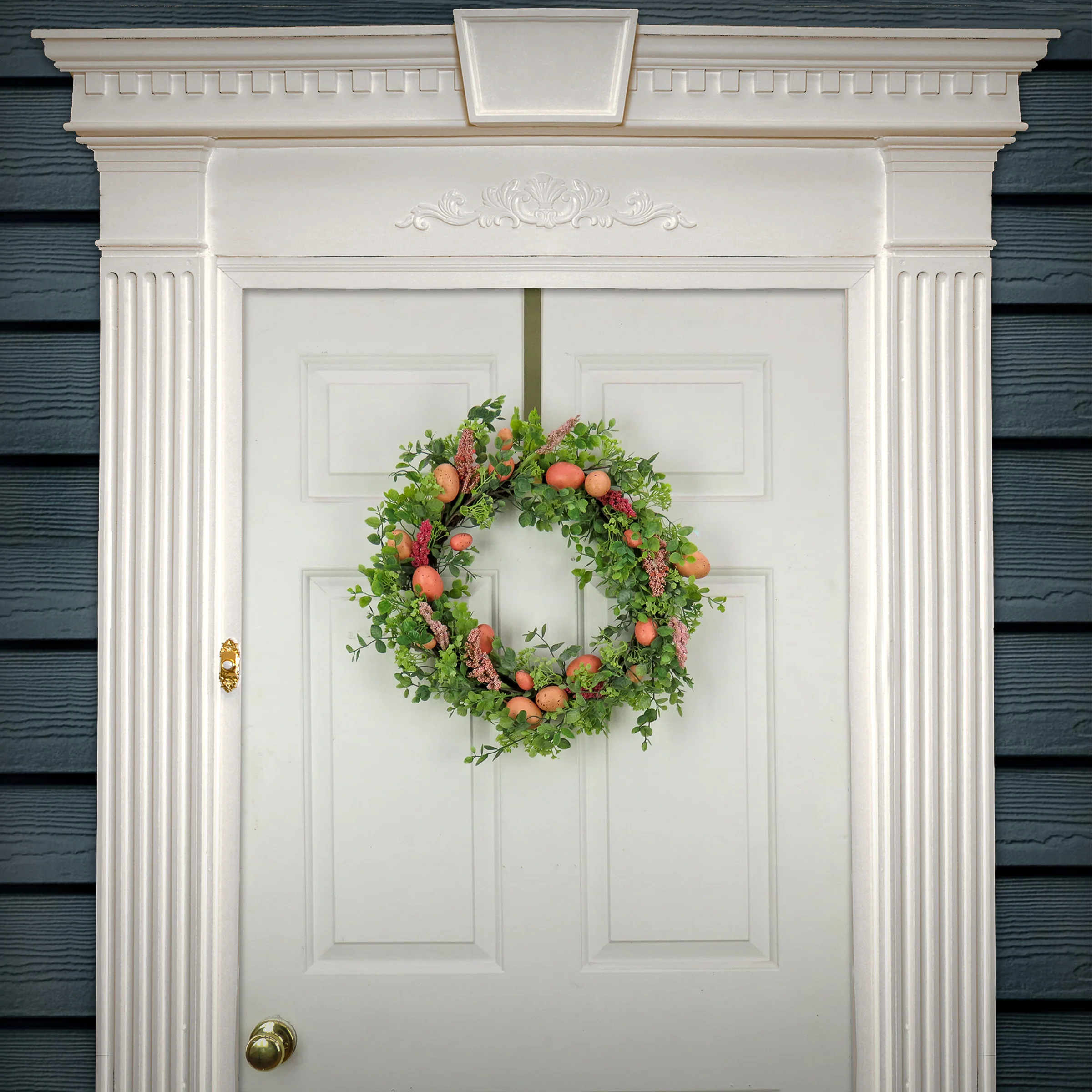 22 in. Easter Wreath Decorated with Pink Pastel Eggs, Pink Flowers, Leafy Greens - Image 2