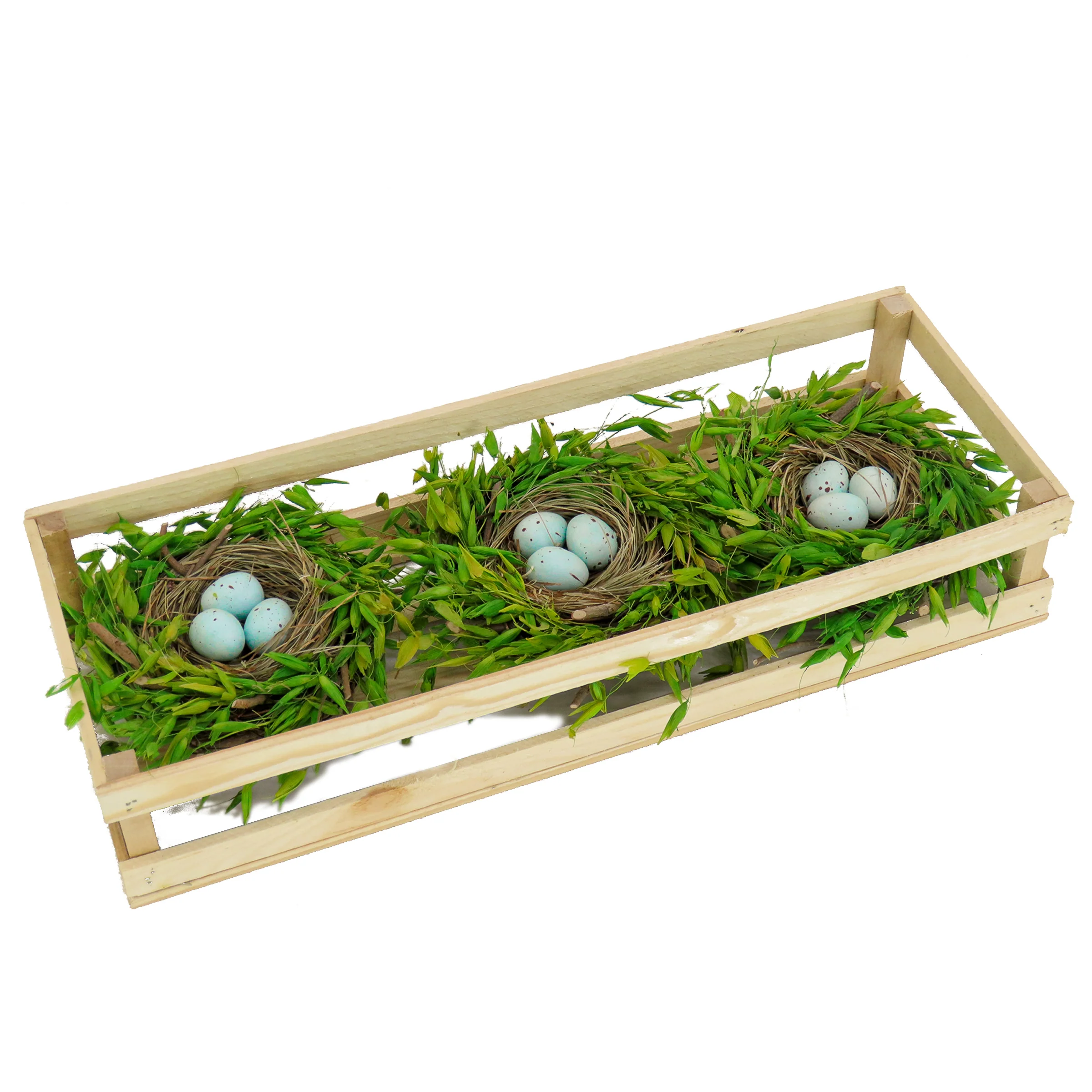 17 in. Easter Triple Nest Table Decoration with Wooden Box, Includes 3 Bird's Nests with Pastel Eggs