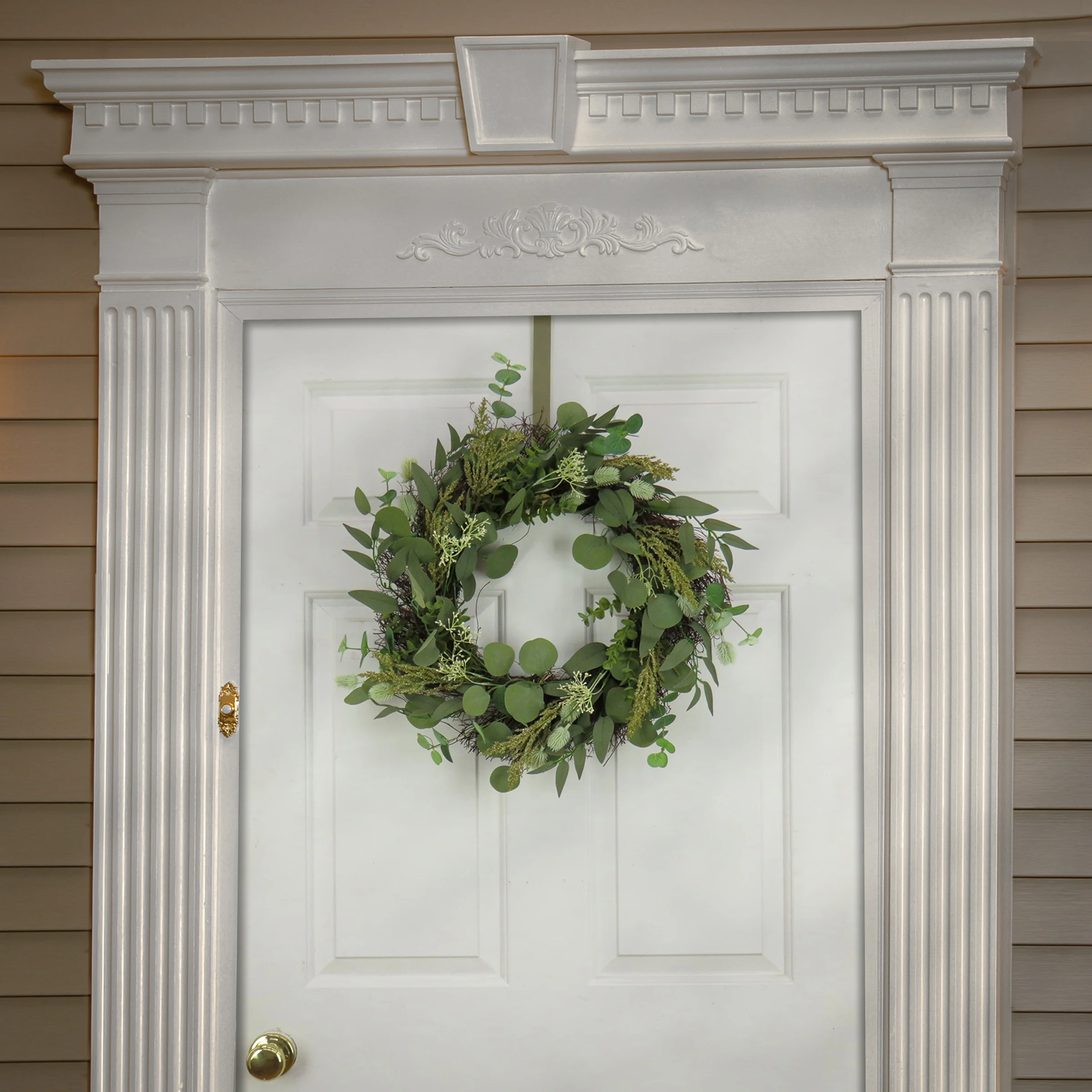 22 in. Spring Wreath with Eucalyptus Leaves, Baby's Breath, Flowing Green Stems - Image 2