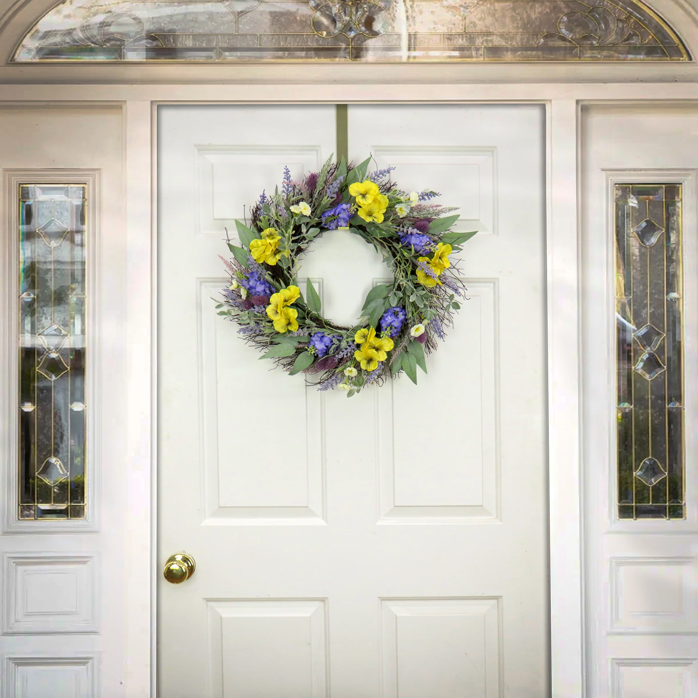 22 in. Spring Wreath with Pansy Blooms, Lavender, and Assorted Blossoms - Image 2
