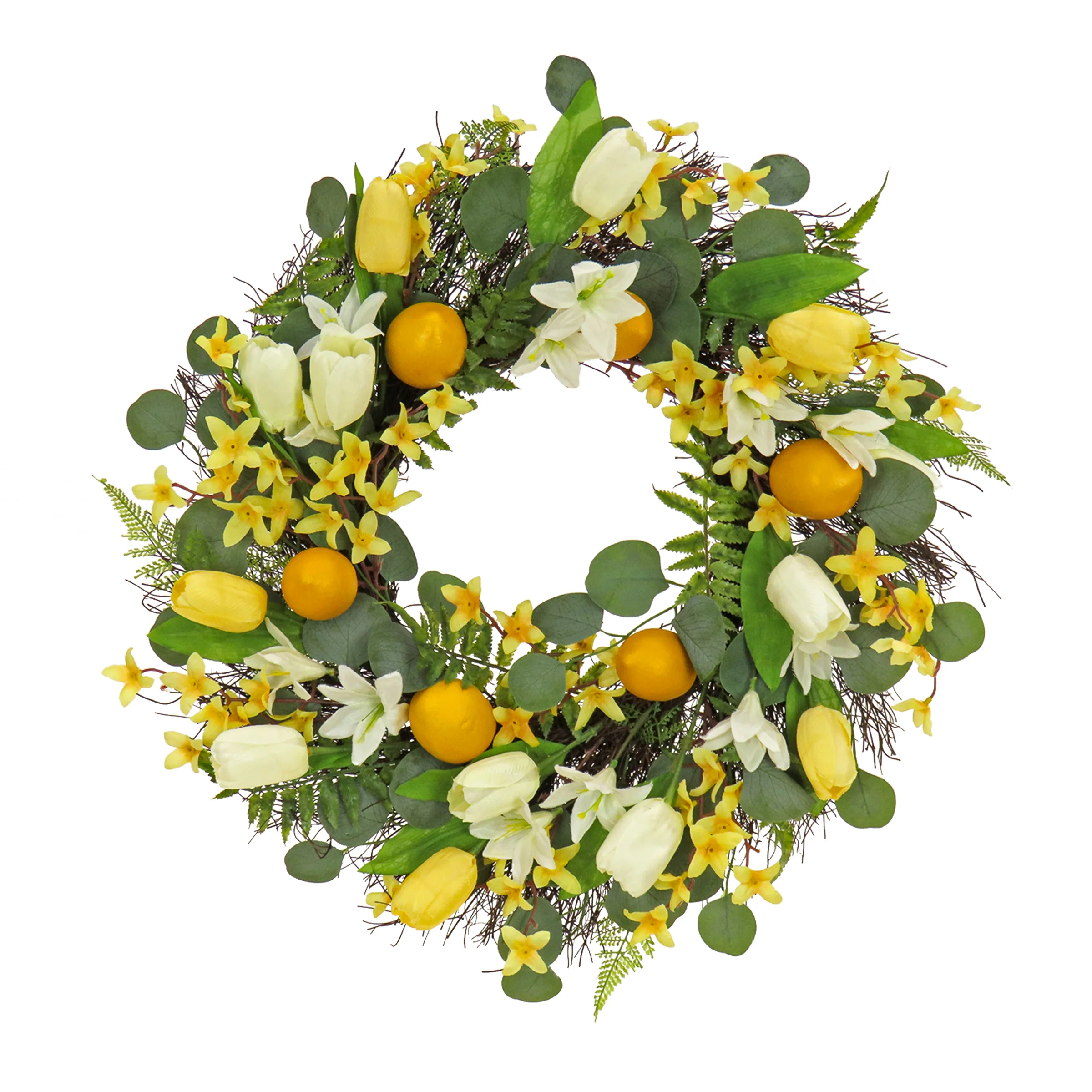 22 in. Spring Wreath with Yellow Tulip Blooms, Lemons, and Forsythia Flower Blossoms