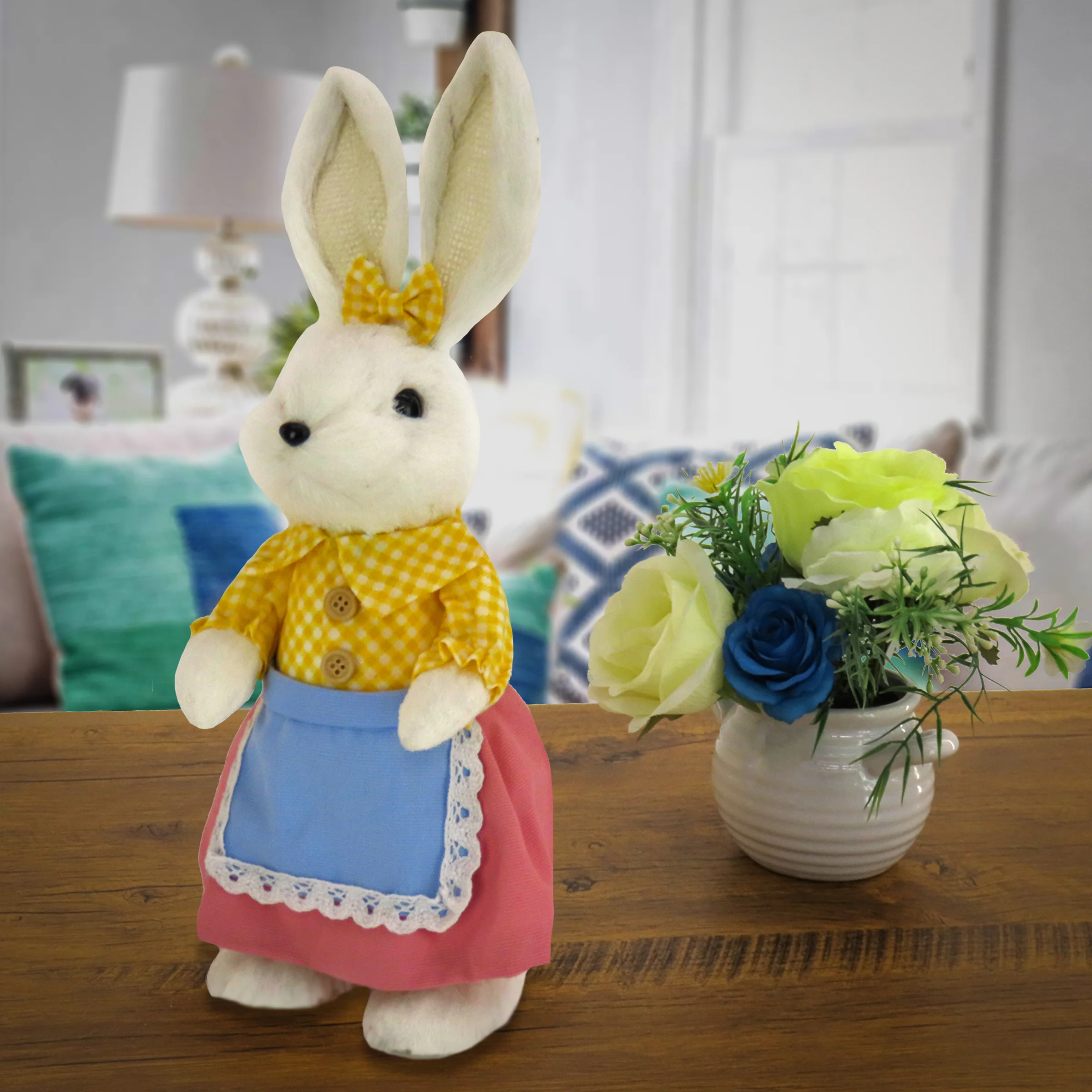 14 in. Fluffy Female Bunny with Yellow, Pink & Blue Dress Table Decoration - Image 2