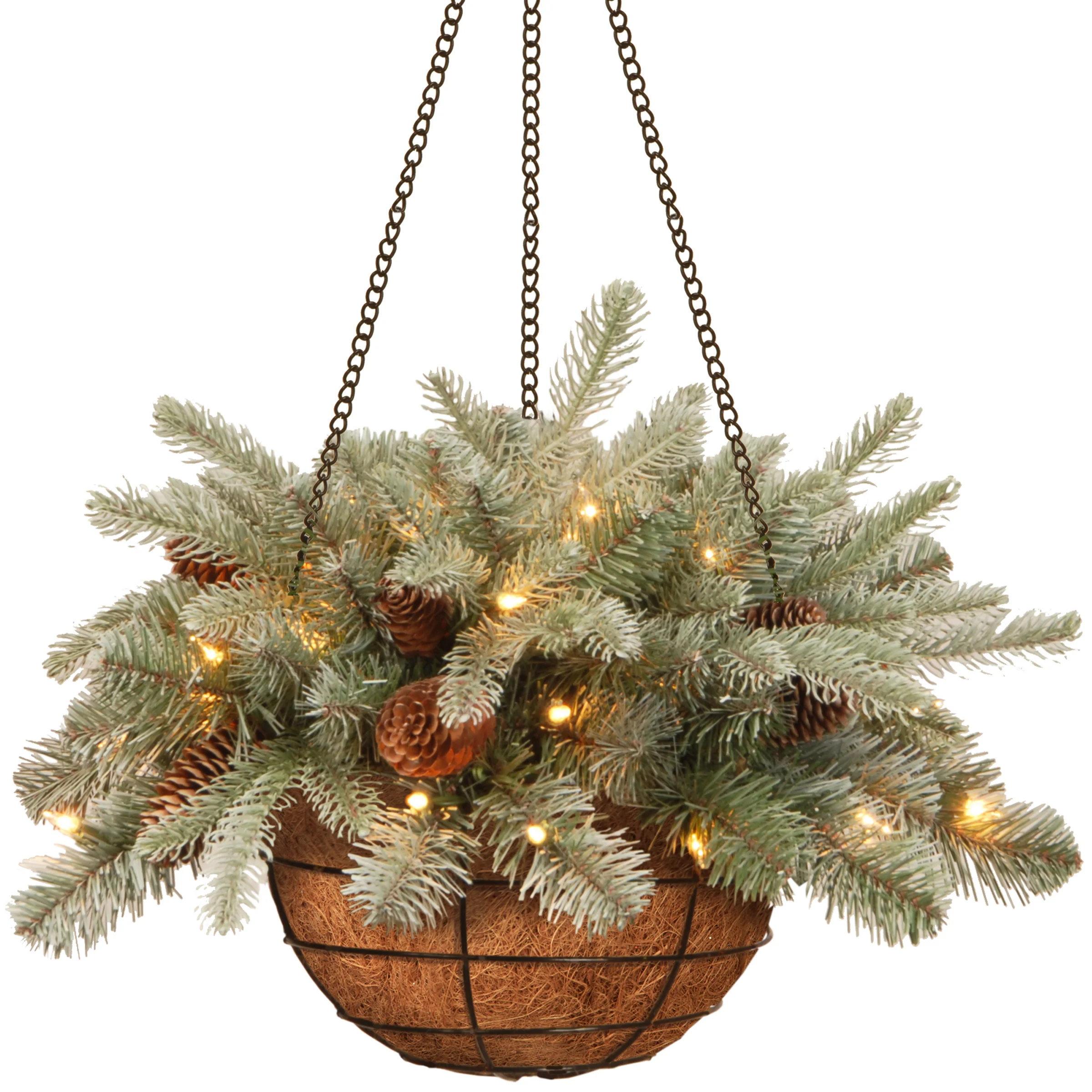 20 in. Pre-Lit Frosted Arctic Spruce Hanging Basket with Warm White LED Lights