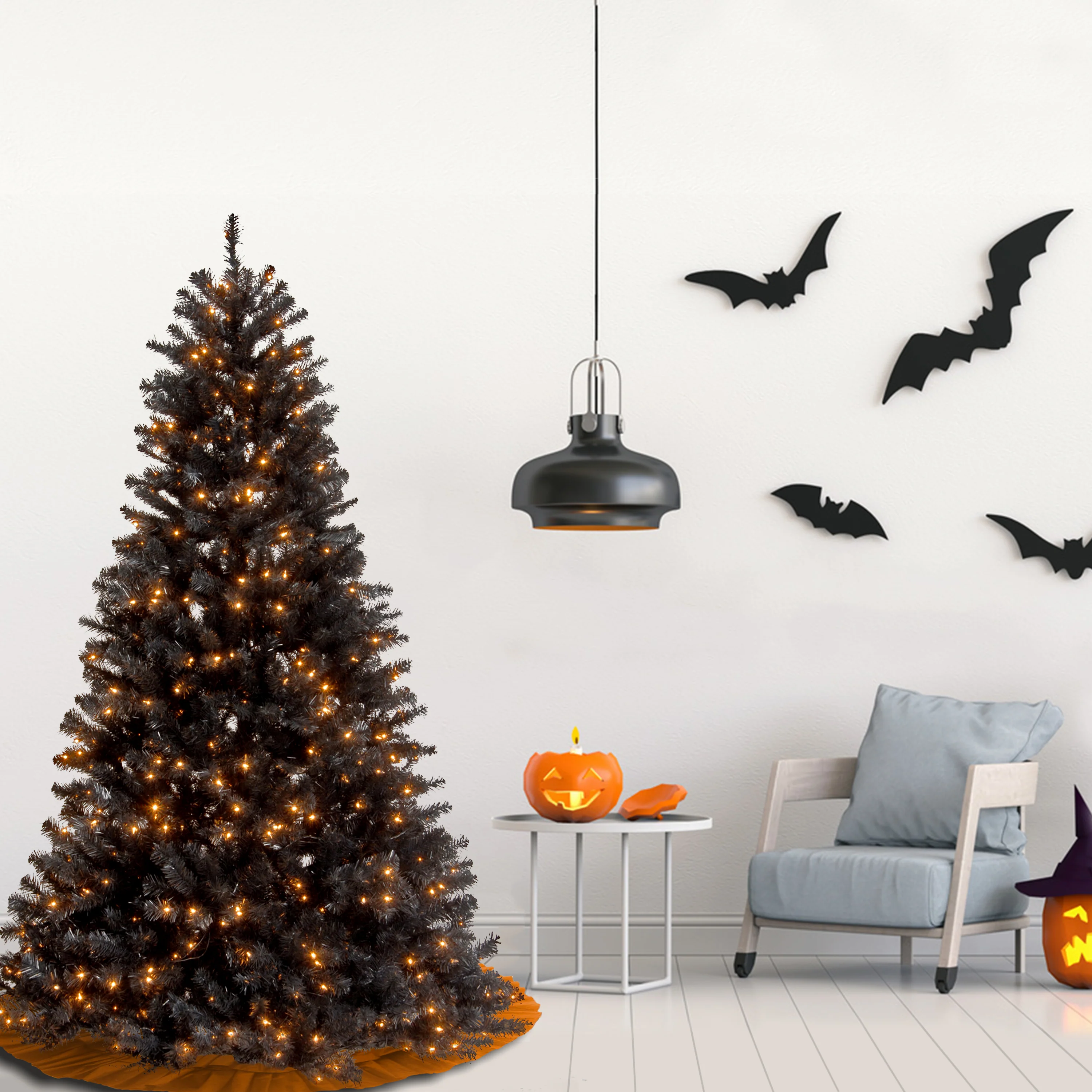 7.5 ft. Halloween Pre-Lit North Valley Spruce Full Black Tree with White Lights, Plug-In - Image 2