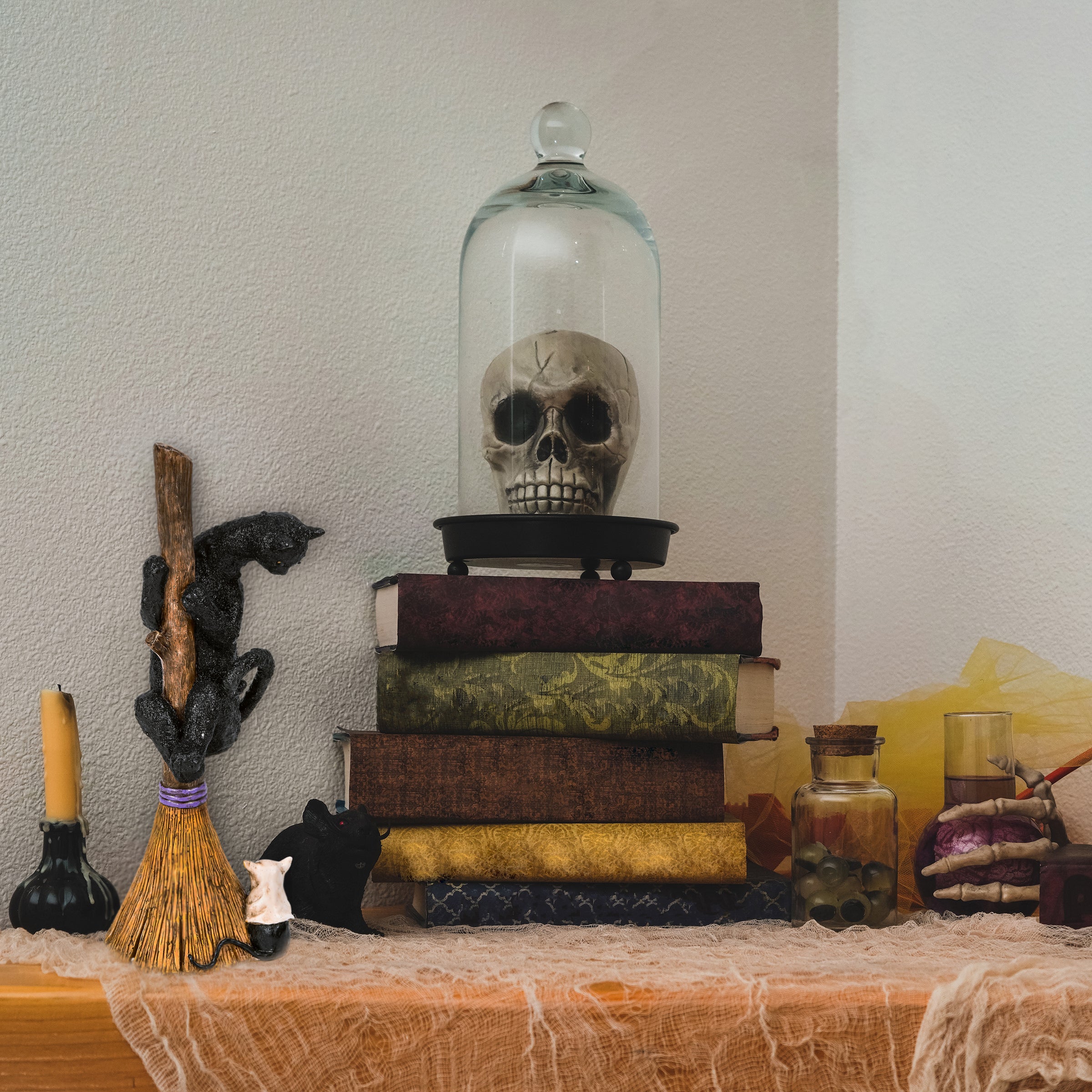 13 in. Halloween Black Cat with a Broom Tabletop Decoration - Image 2