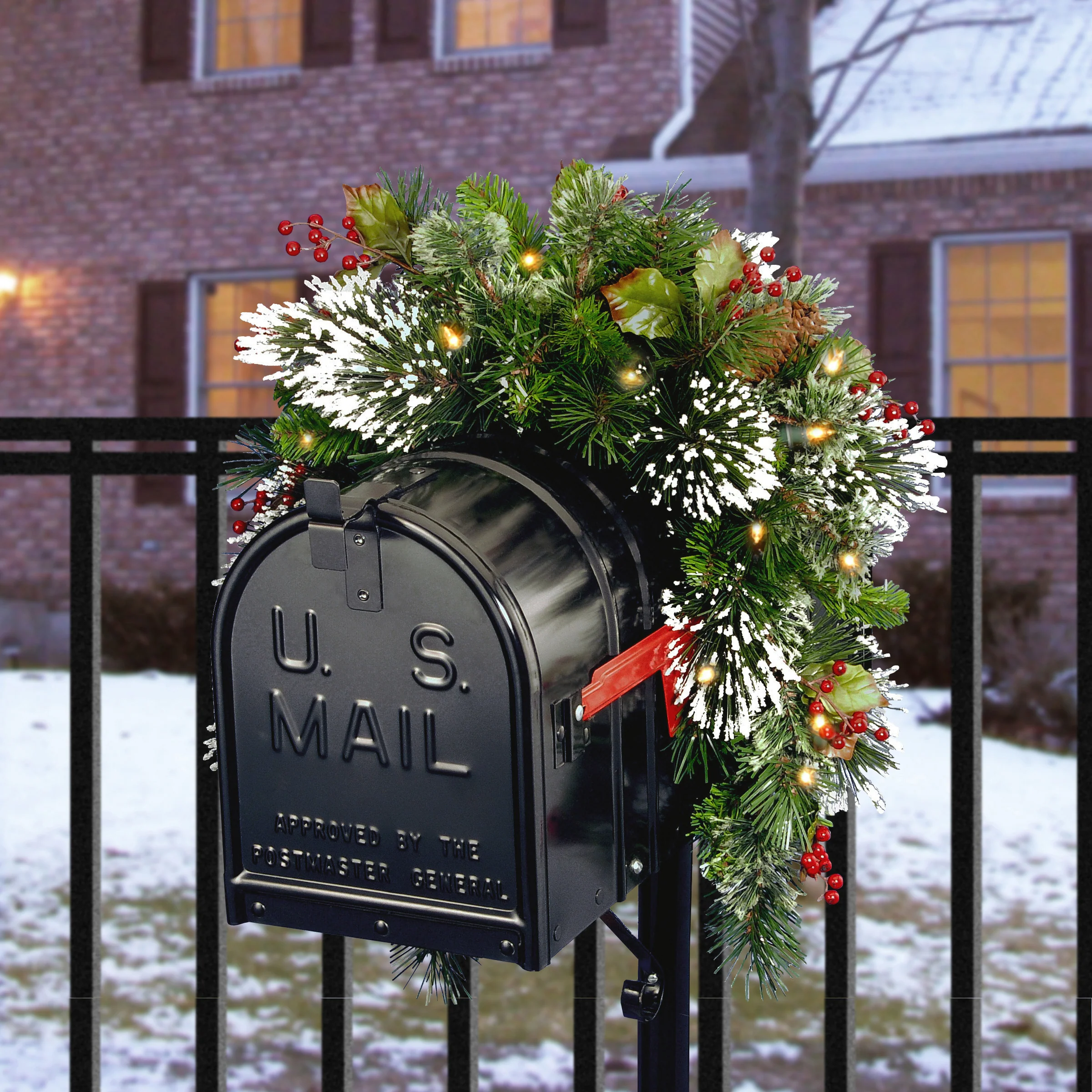 36 in. Pre-Lit Wintry Pine Mailbox Swag with LED Lights - Image 2